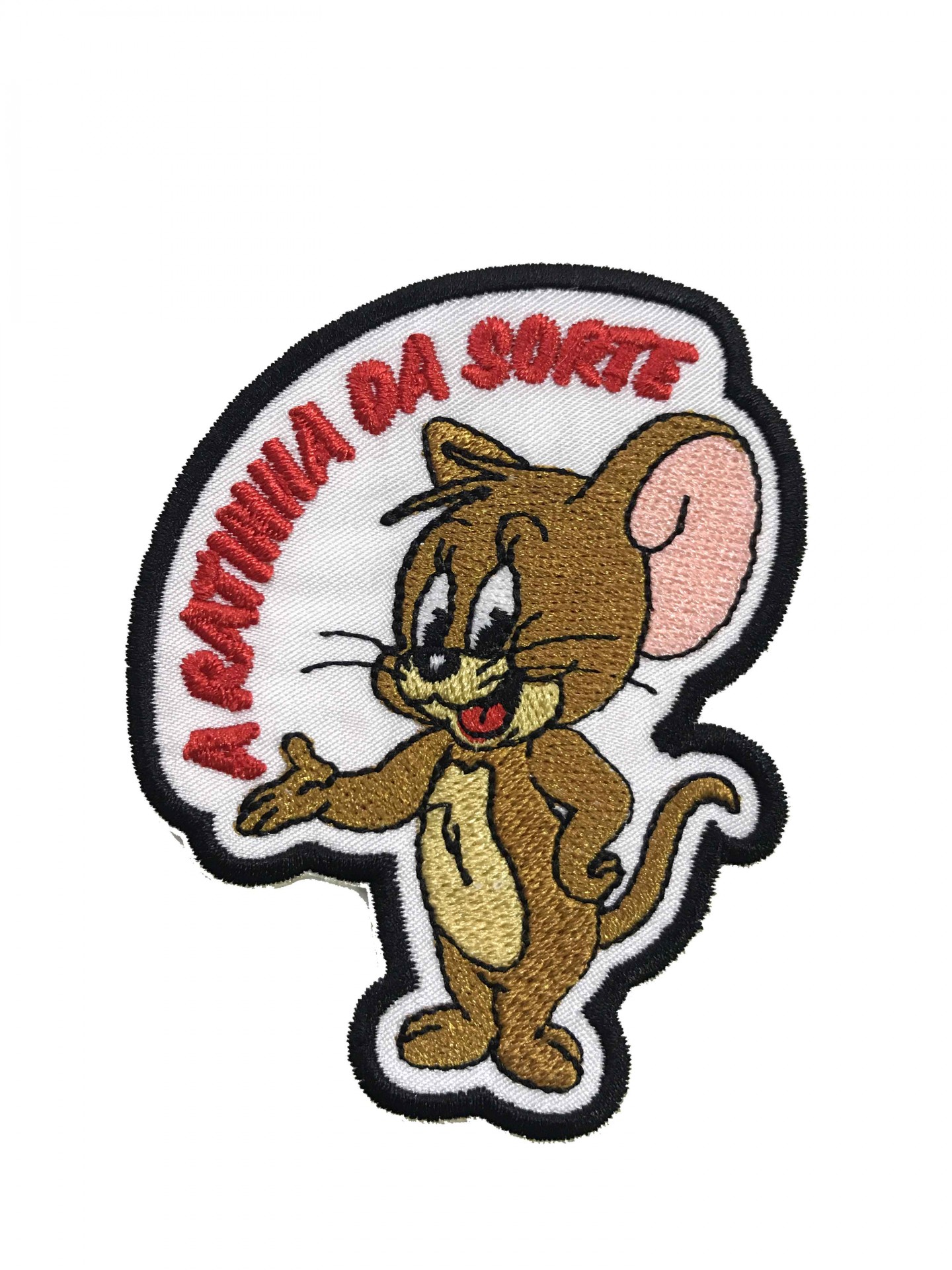 Emblema bordado com rato e texto A PANTINHA DA SORTE