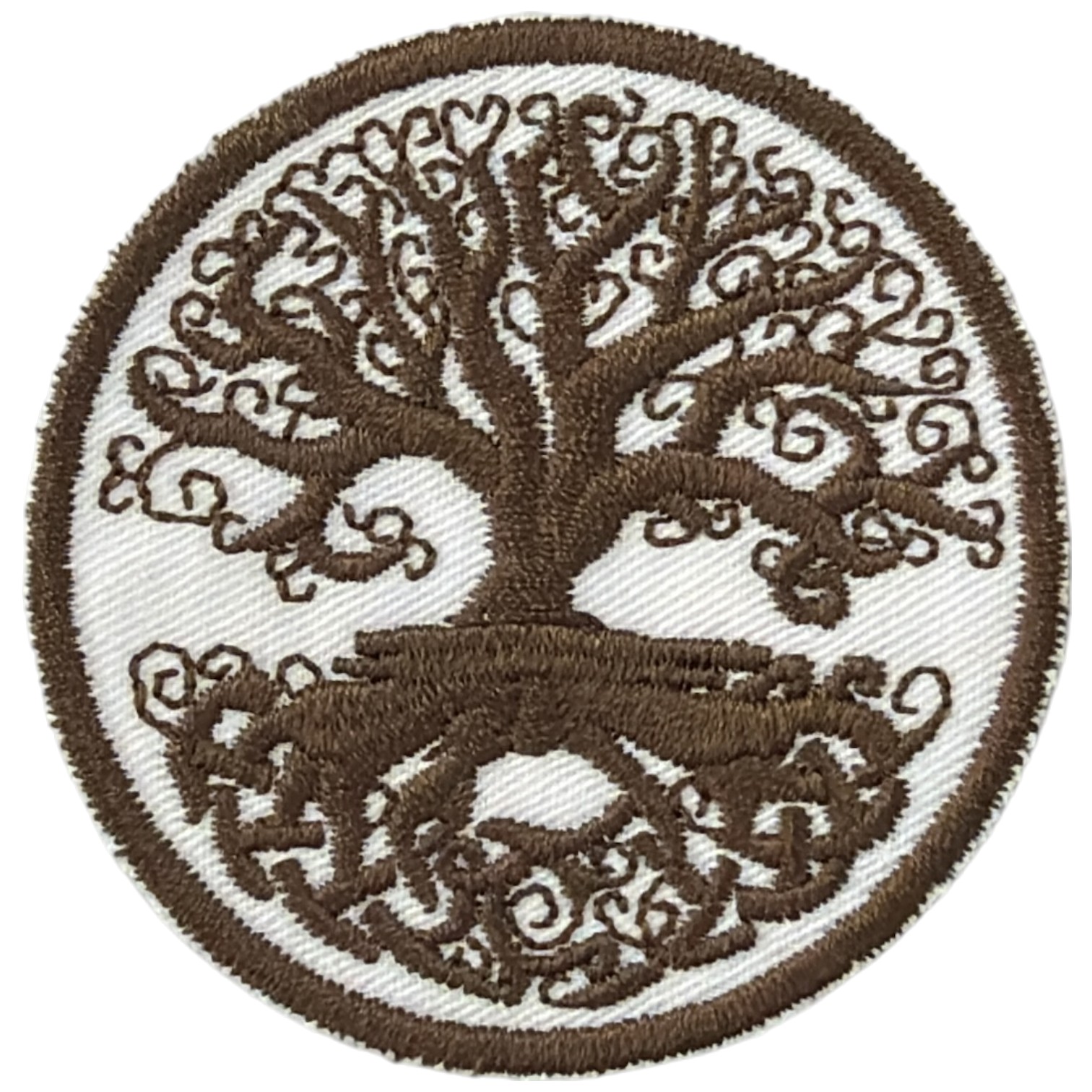Patch bordado redondo com árvore da vida castanha em fundo branco