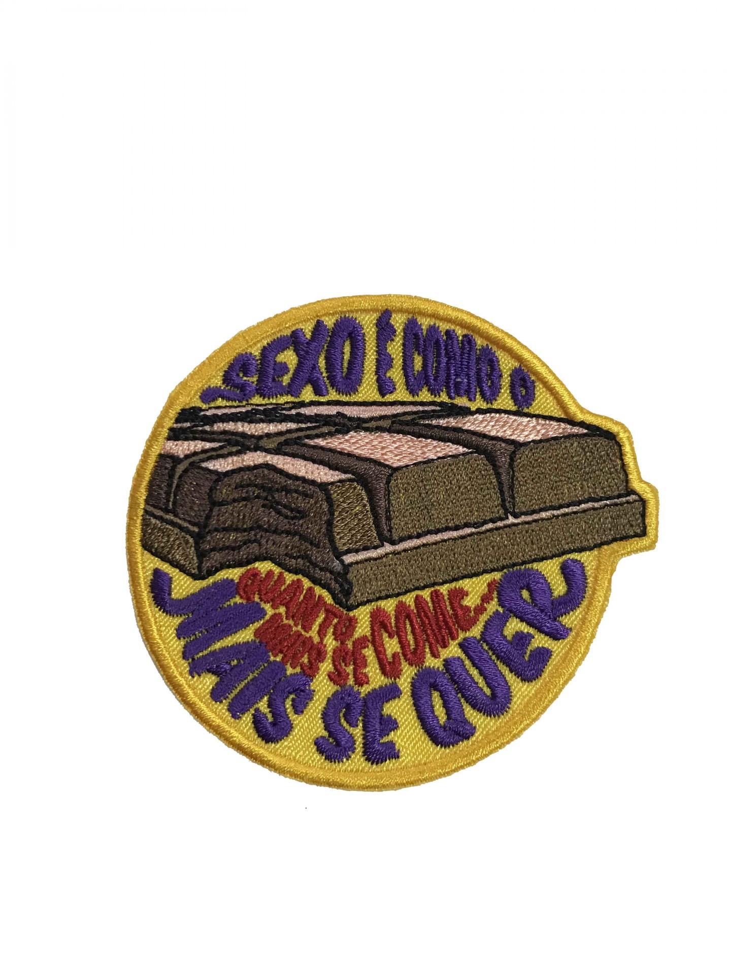 Emblema bordado redondo com barra de chocolate e texto colorido