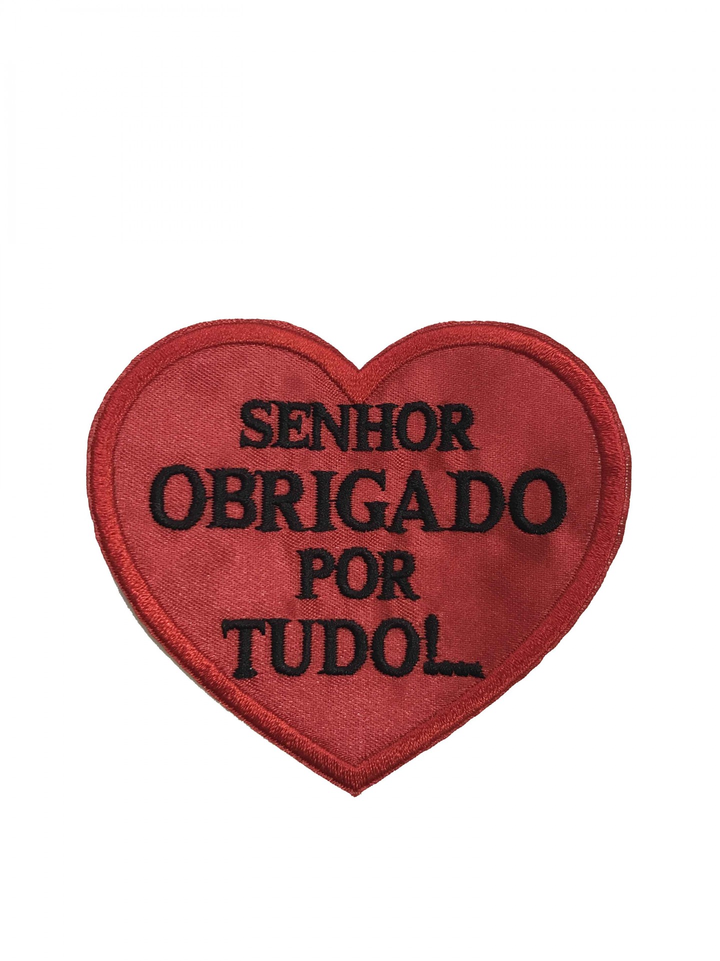 Aplique tecido coração vermelho com texto bordado preto