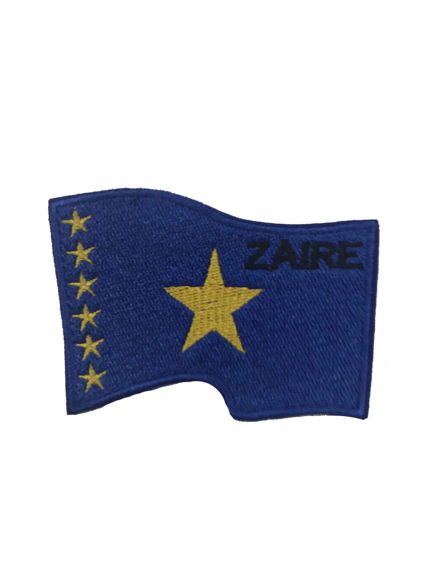 Patch bordado azul com estrelas amarelas e texto ZAIRE