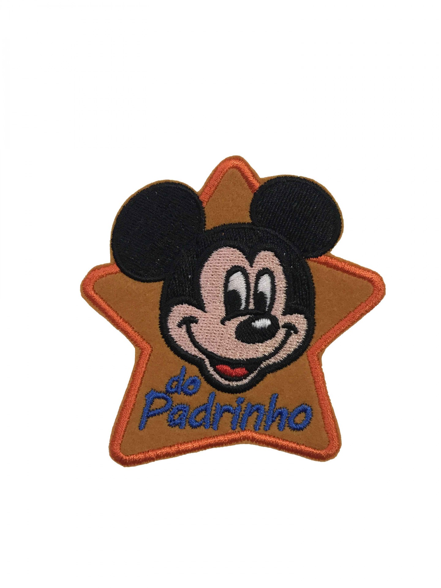 Emblema bordado em forma de estrela com rosto do Mickey Mouse e texto 'do Padrinho'