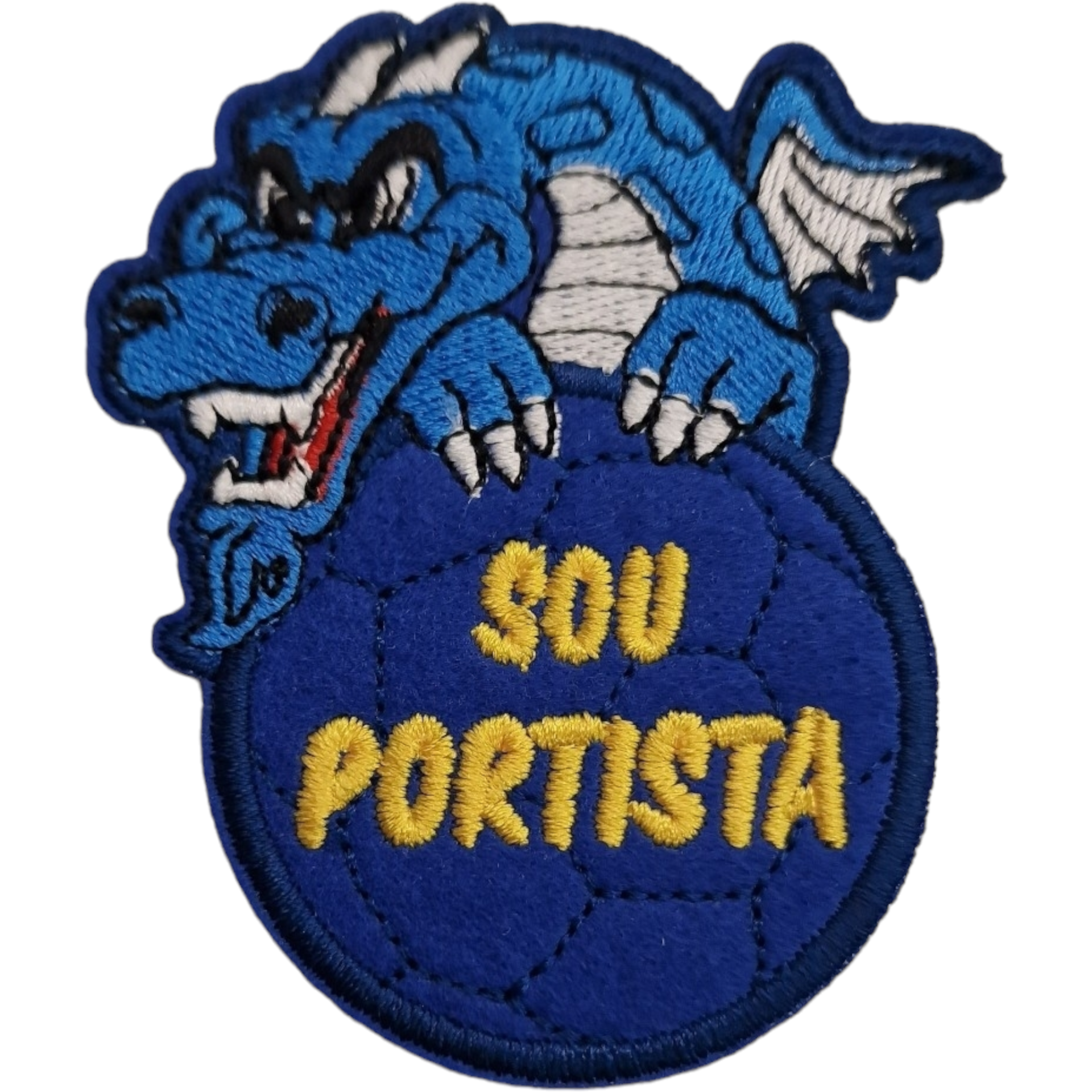 Emblema bordado azul com dragão e texto SOU PORTISTA