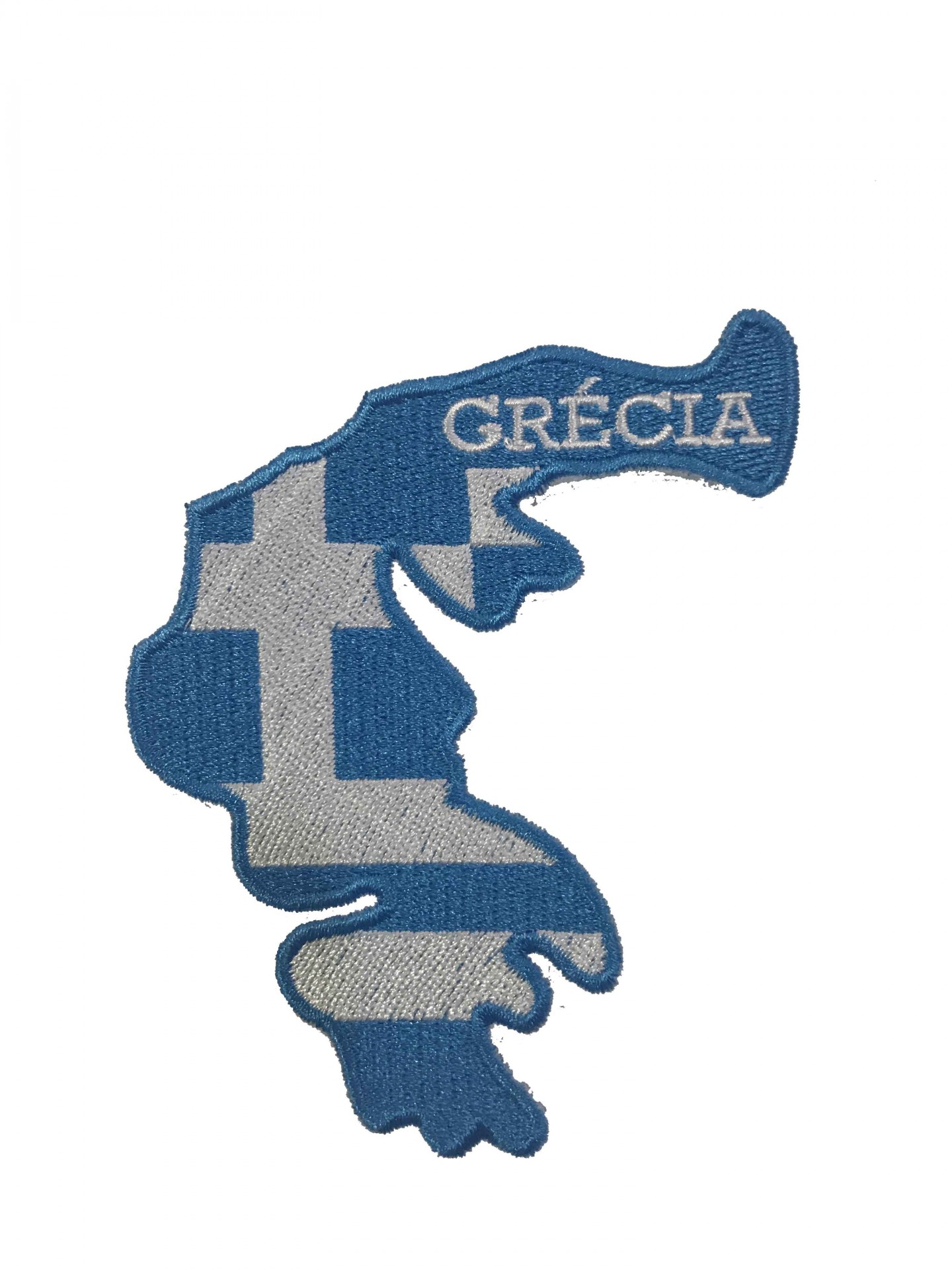Patch bordado em forma de mapa da Grécia com cores azul e branco e texto GRÉCIA