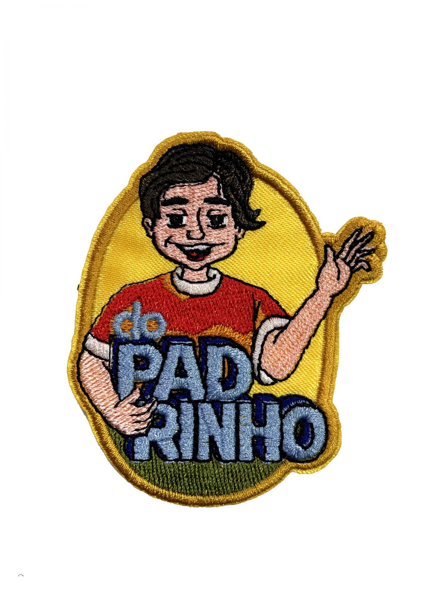 Emblema bordado colorido com personagem e texto O PADRINHO