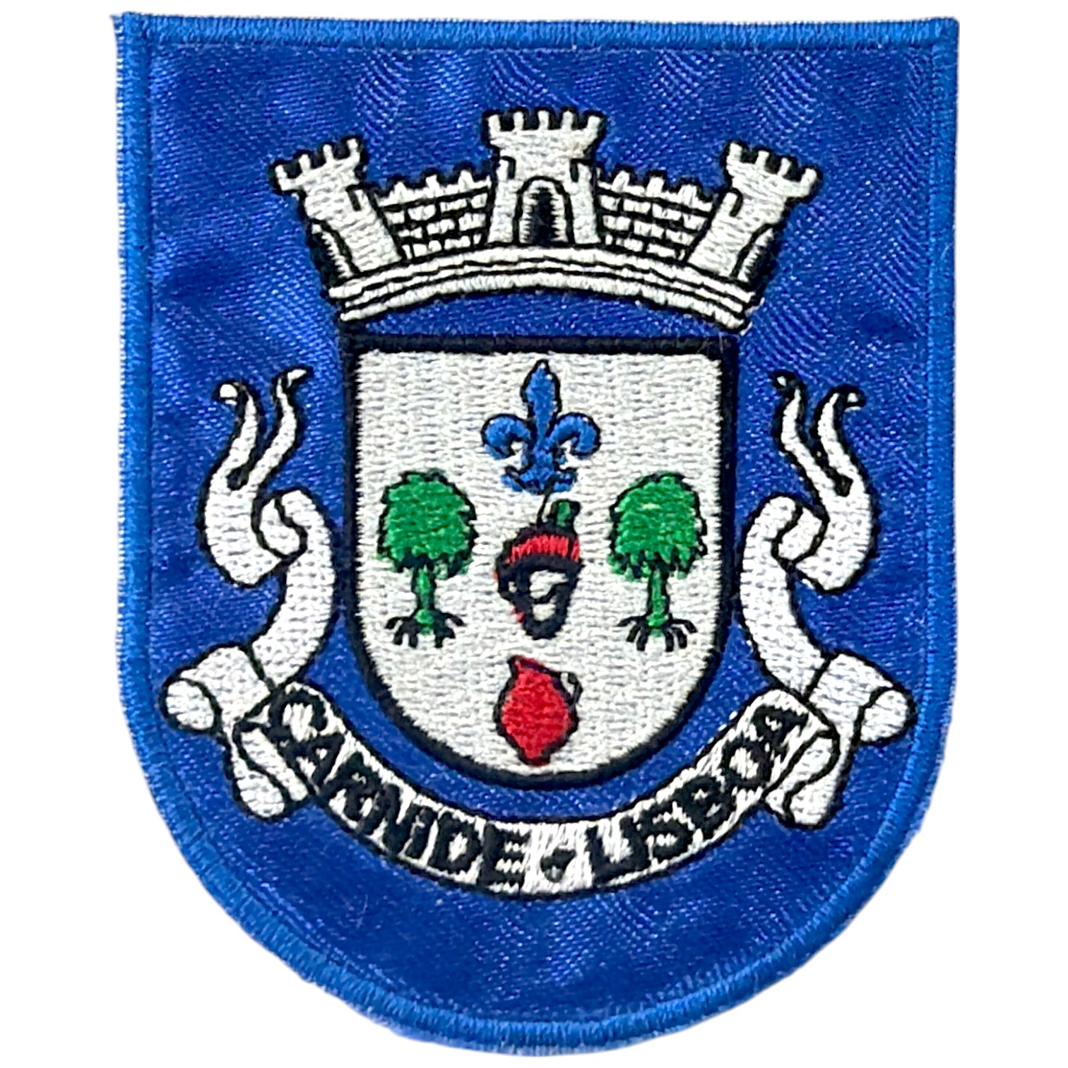 Emblema bordado azul com escudo branco e texto CARONDELET LAS VEGAS