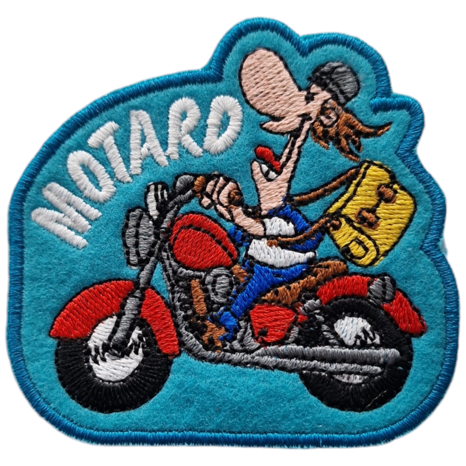 Patch bordado azul com motociclista e mota vermelha e texto MOTARD
