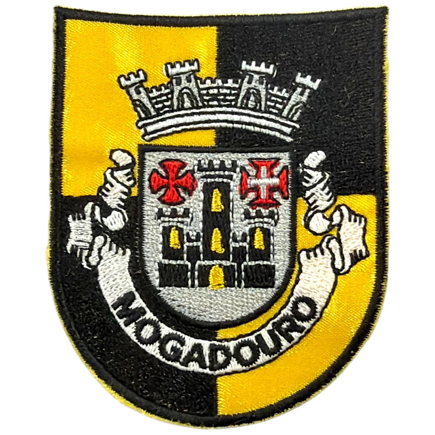 Emblema bordado com castelo e texto MOCIDADE OURO