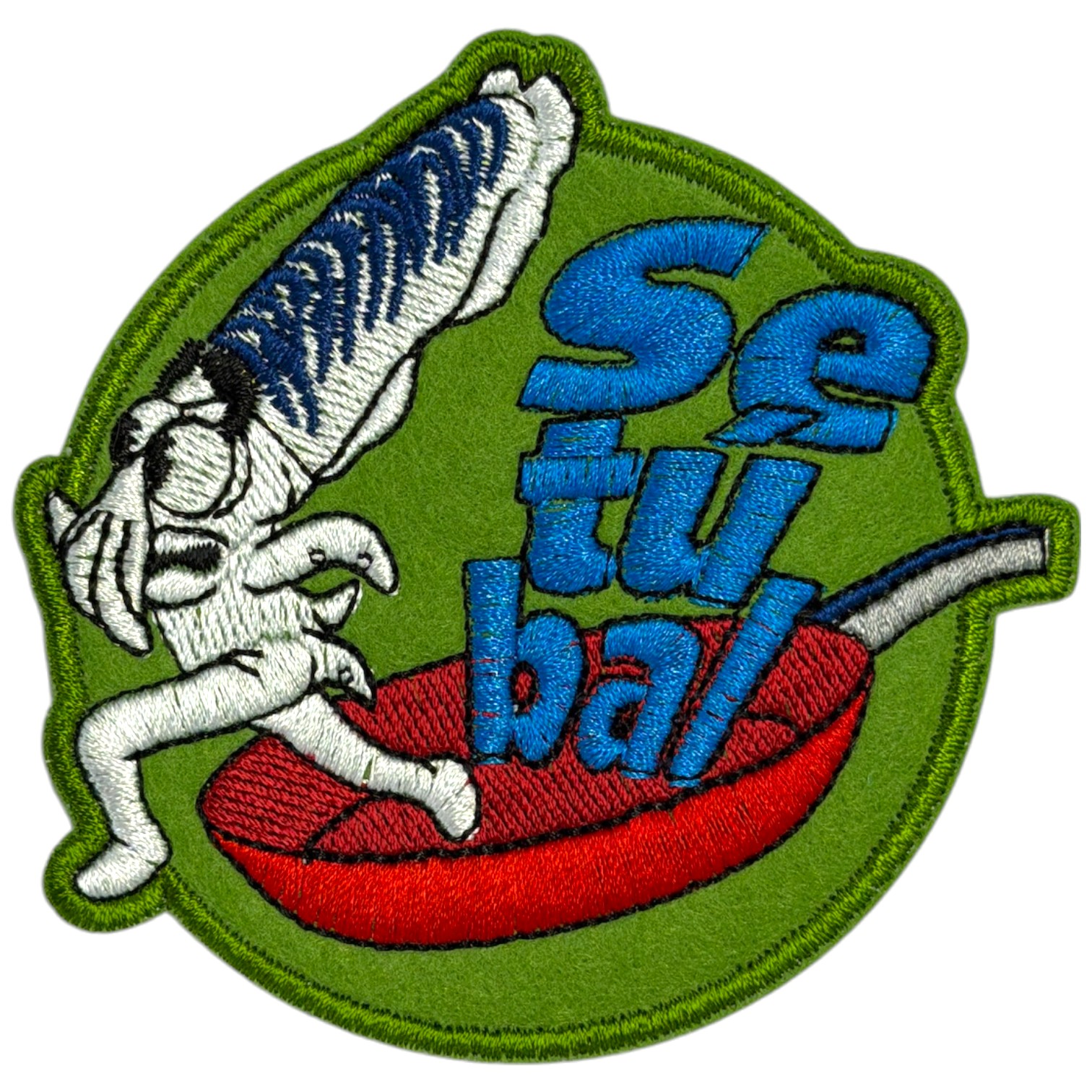 Emblema bordado com personagem extraterrestre e pimenta vermelha