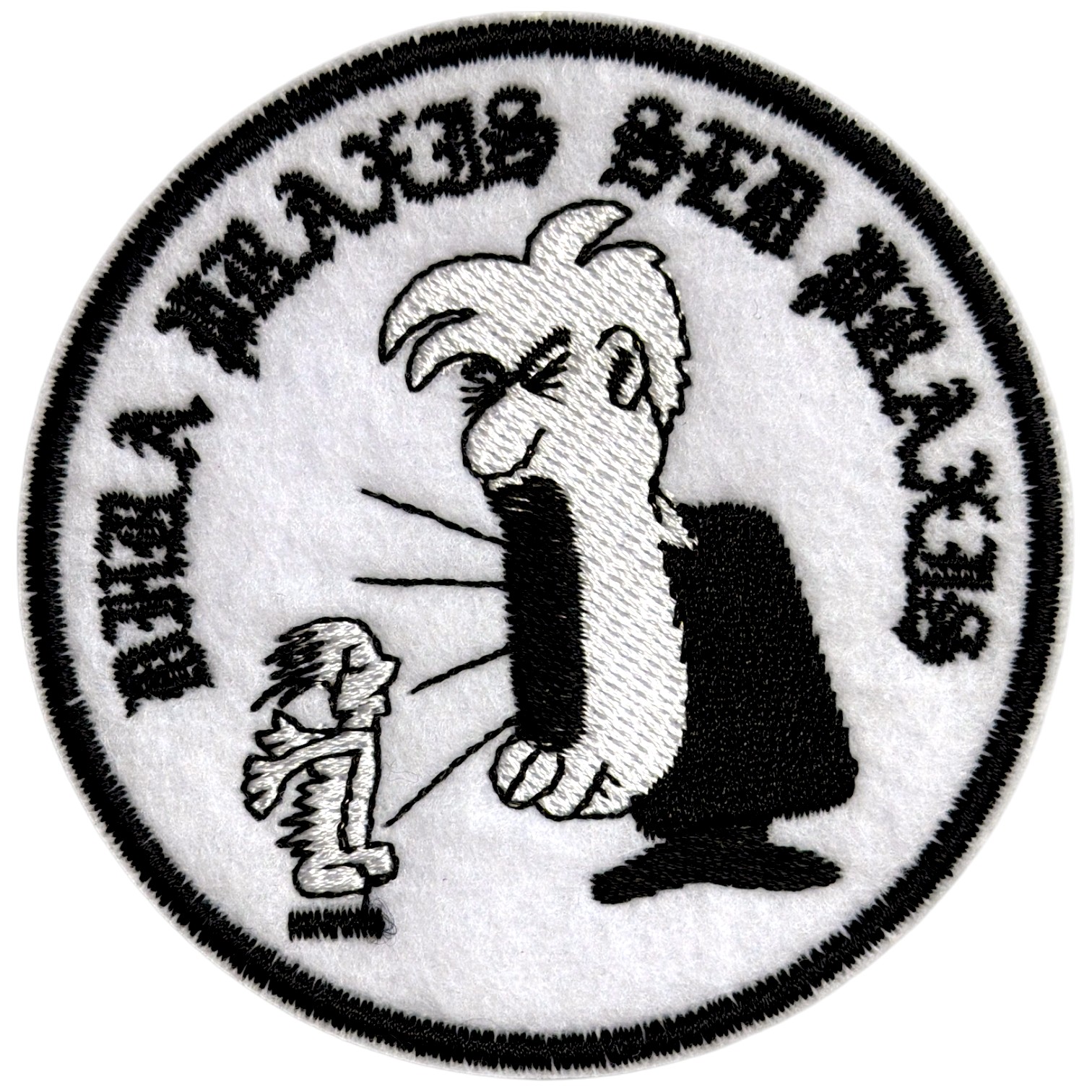 Emblema bordado redondo branco e preto com figuras e texto PAULA FRANKS BAR SPEAKEASY
