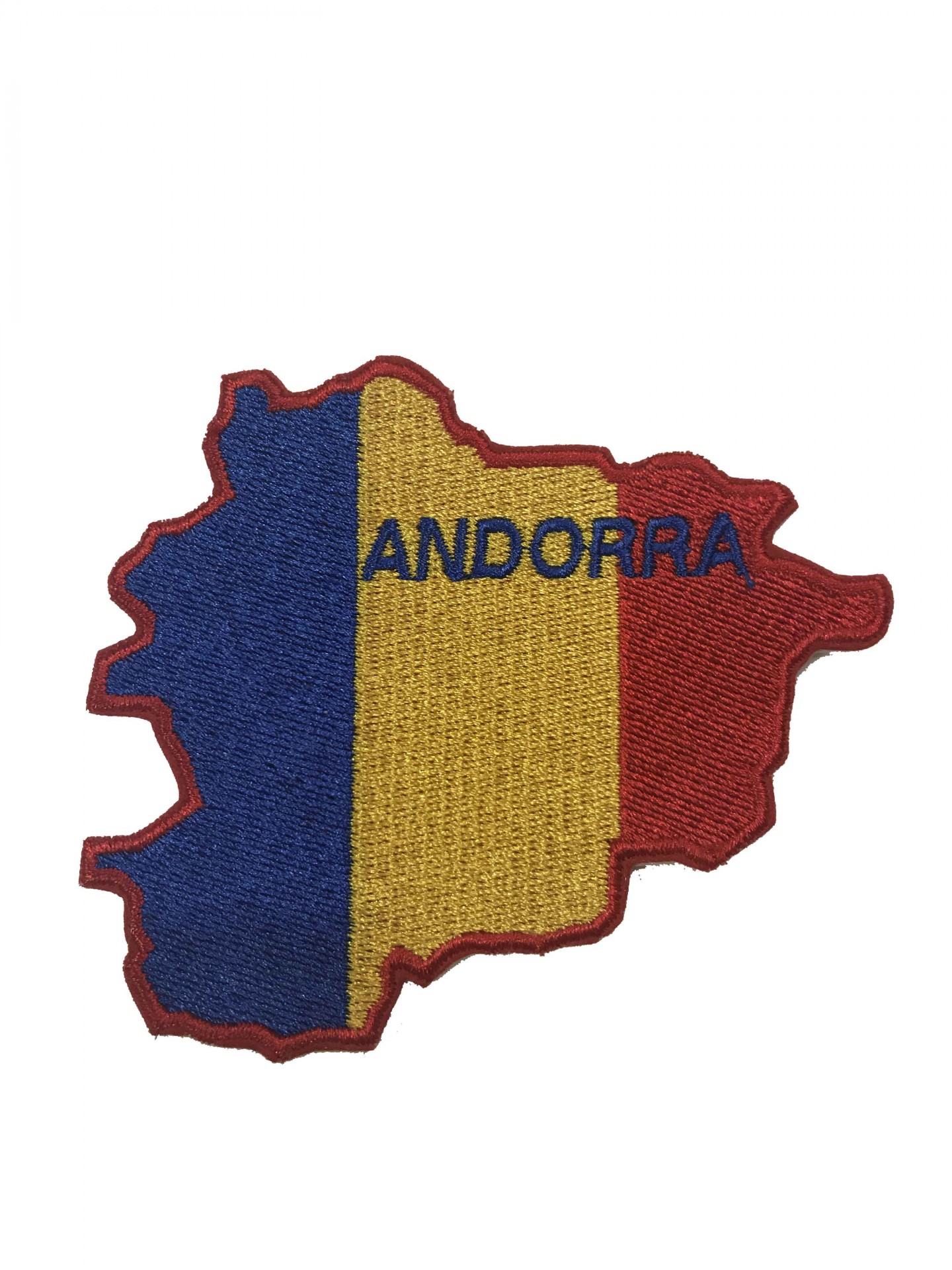 Patch bordado em forma do mapa de Andorra com cores azul, amarelo e vermelho e texto ANDORRA.