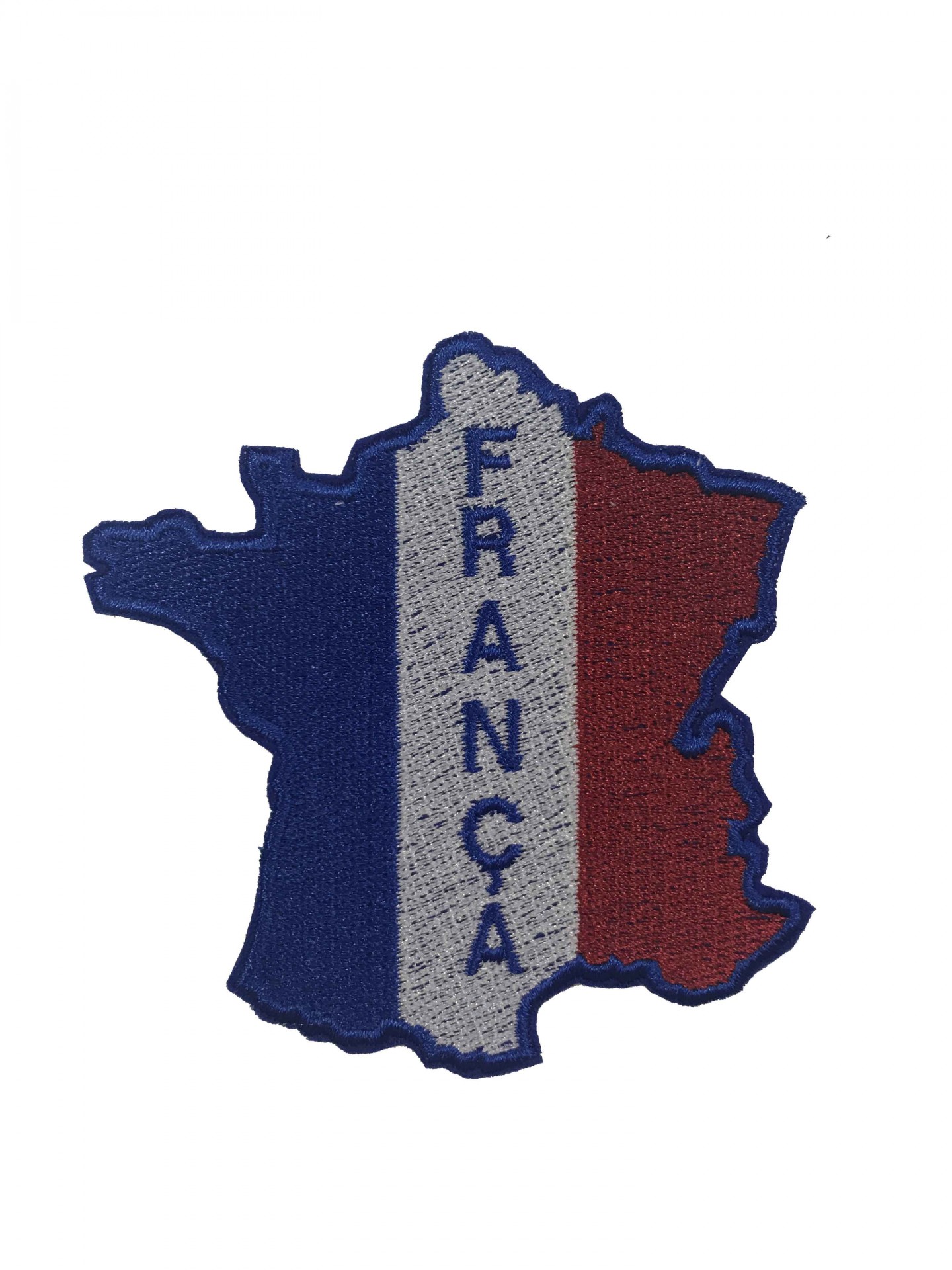 Patch bordado em forma do mapa da França com as cores azul, branco e vermelho e texto FRANÇA