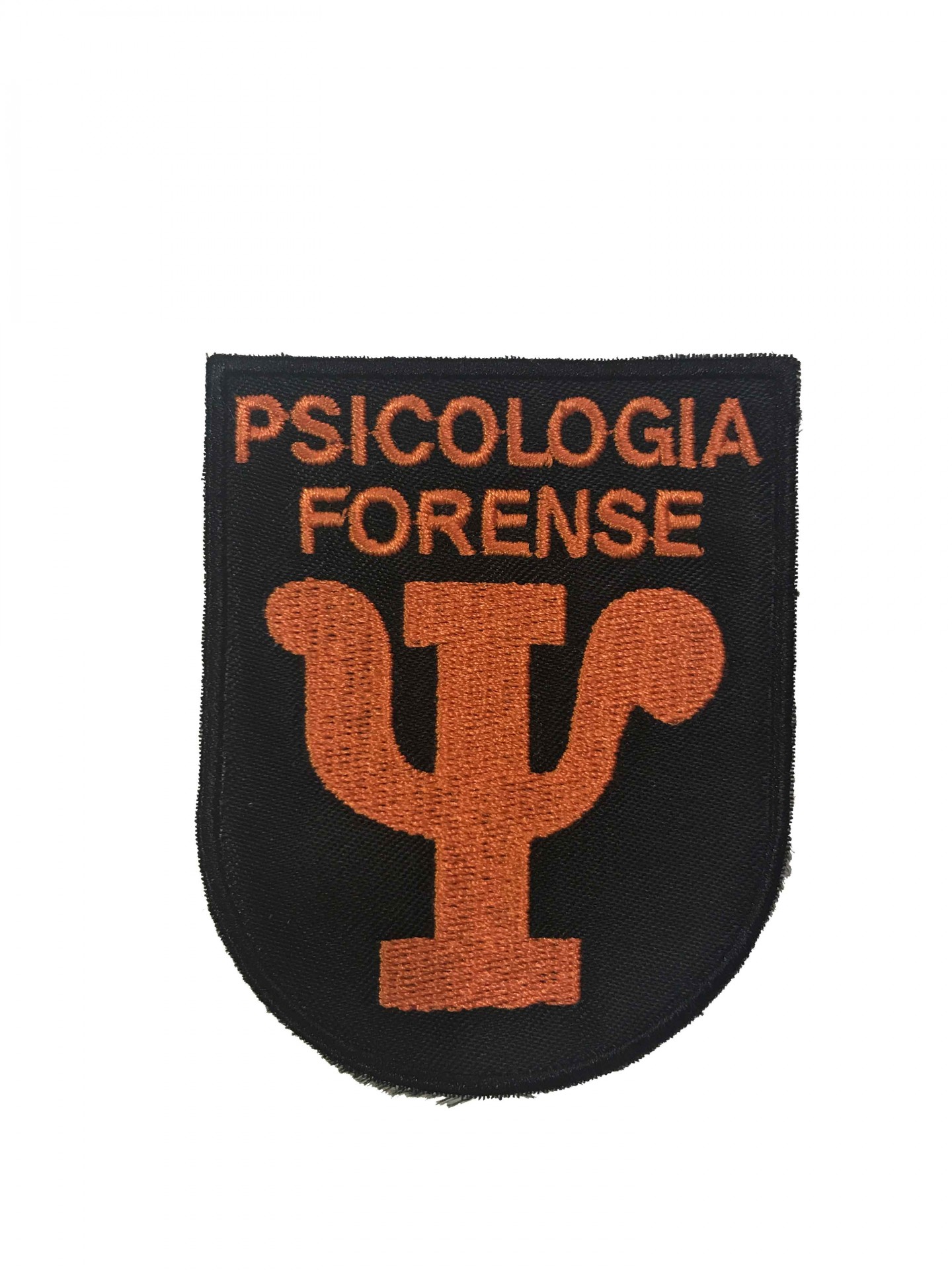 Emblema bordado preto com texto e símbolo laranja PSICOLOGIA FORENSE
