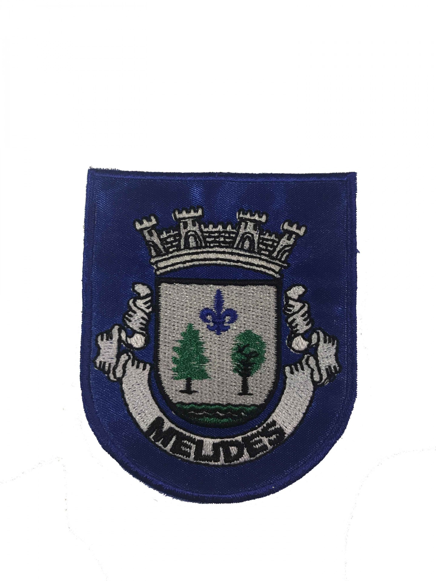 Emblema bordado com escudo e texto MEUDES