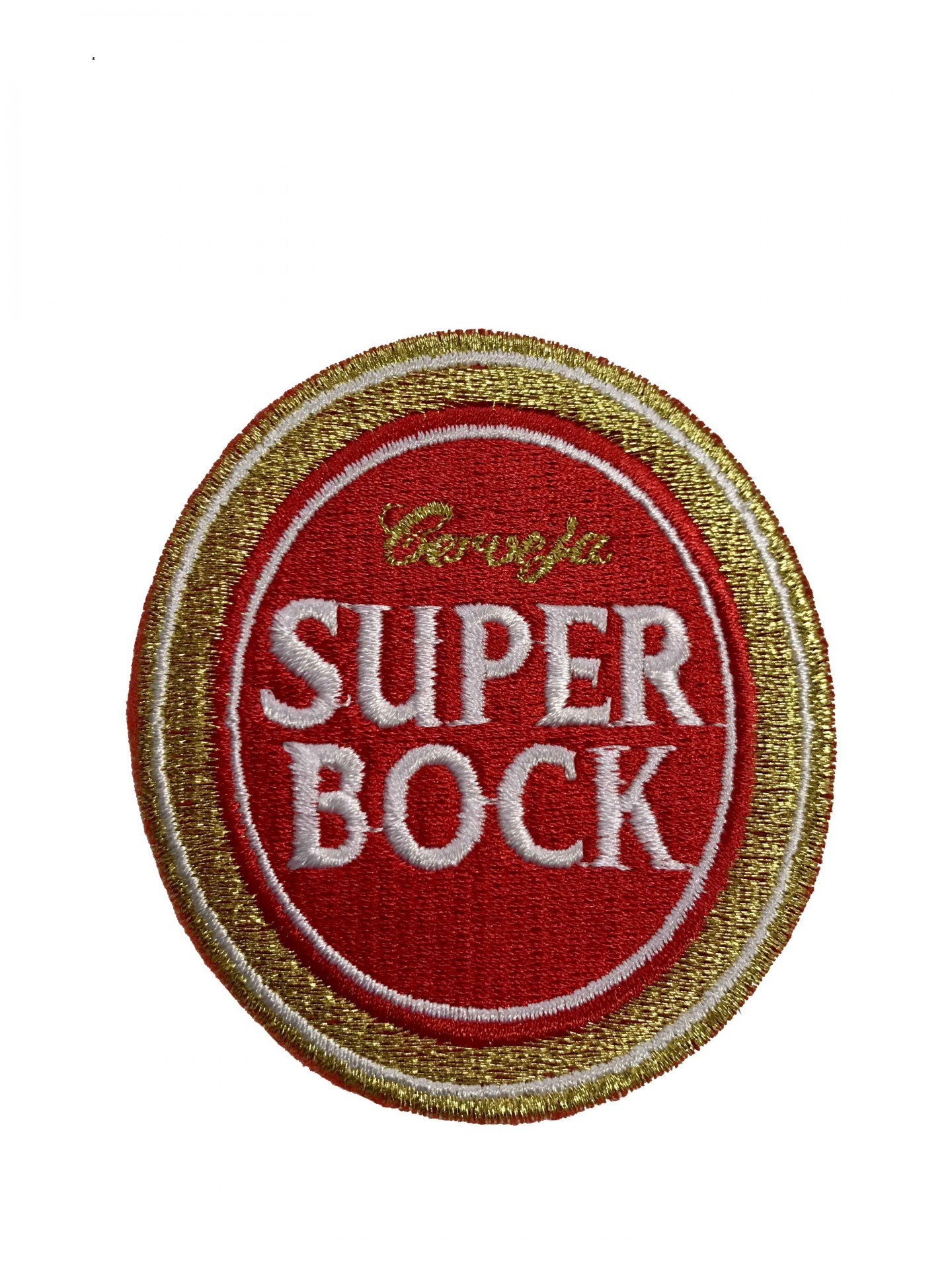 Emblema bordado oval com texto 'SUPER BOCK' e 'Cerveja'