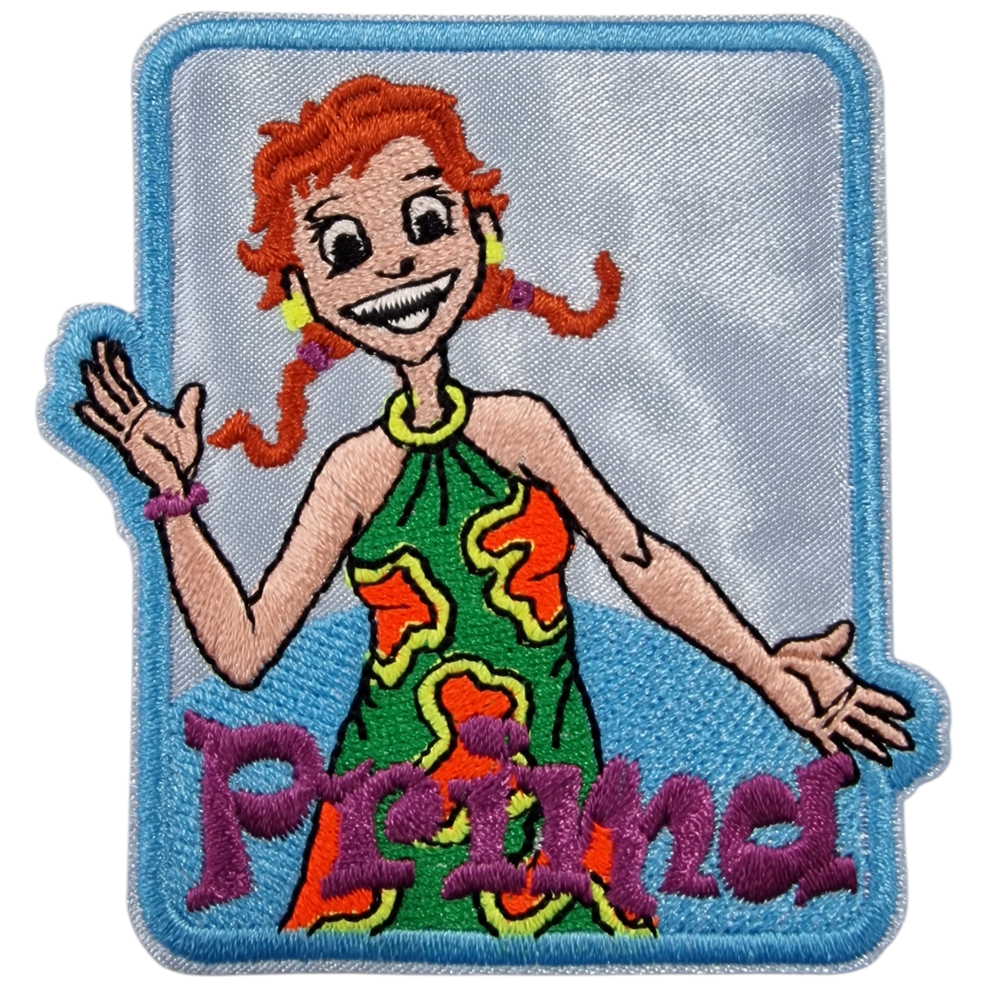 Patch bordado colorido com figura feminina sorridente e texto Prainda