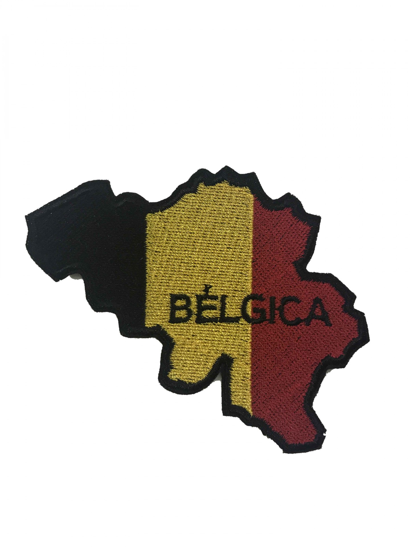 Patch bordado mapa da Bélgica com cores da bandeira e texto BÉLGICA