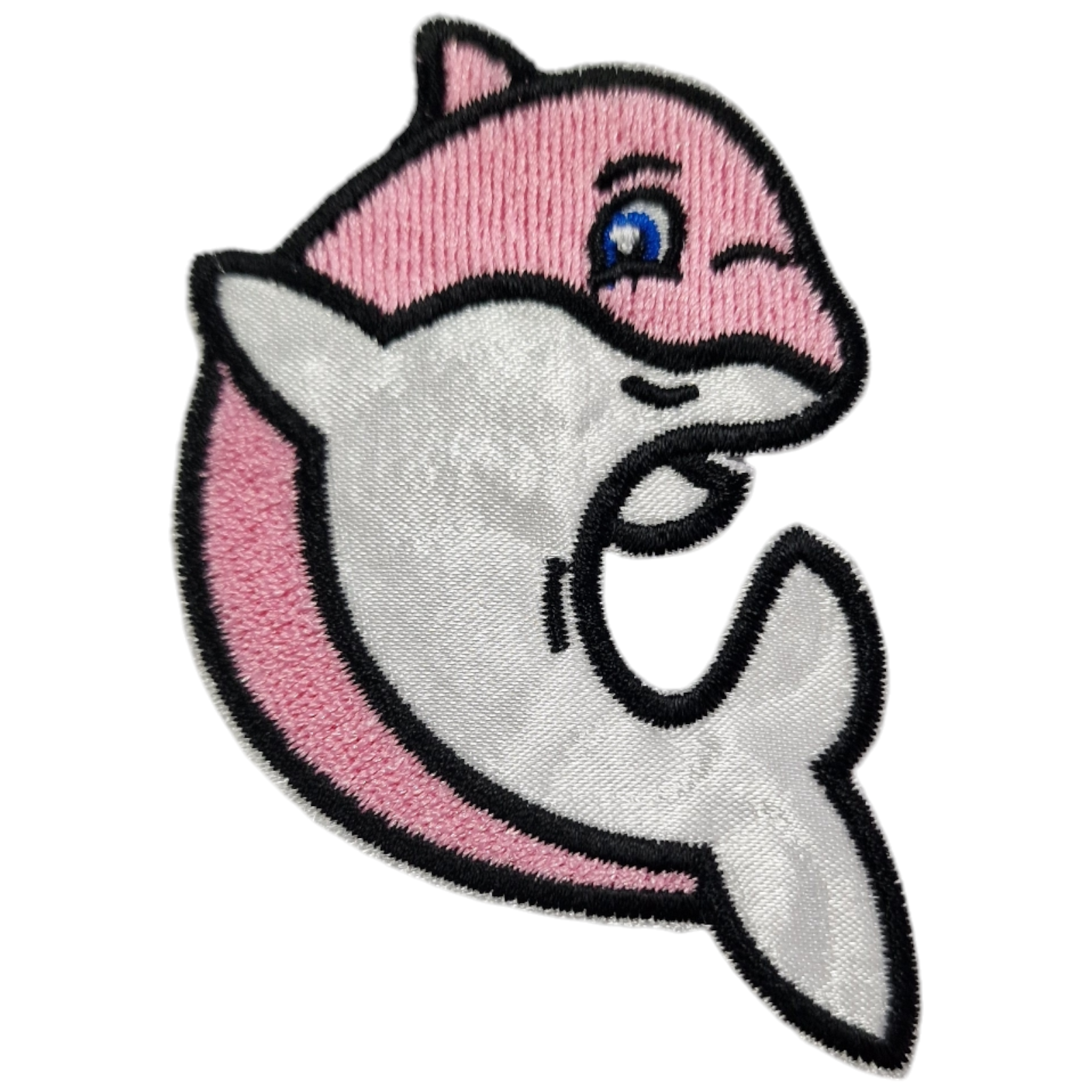 Pach bordado golfinho rosa e branco com olhos azuis e contorno preto
