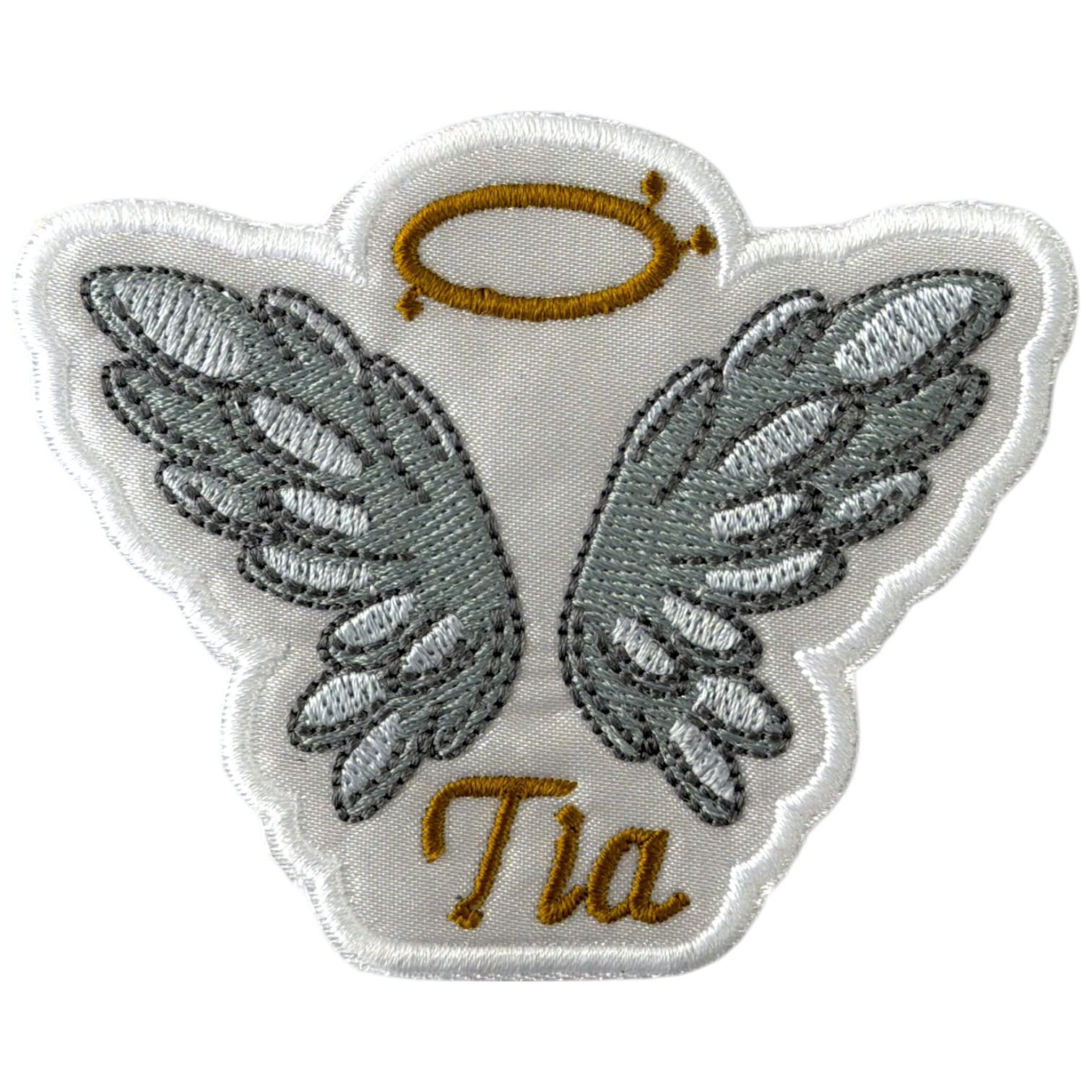 Emblema bordado com asas e auréola com a palavra Tia