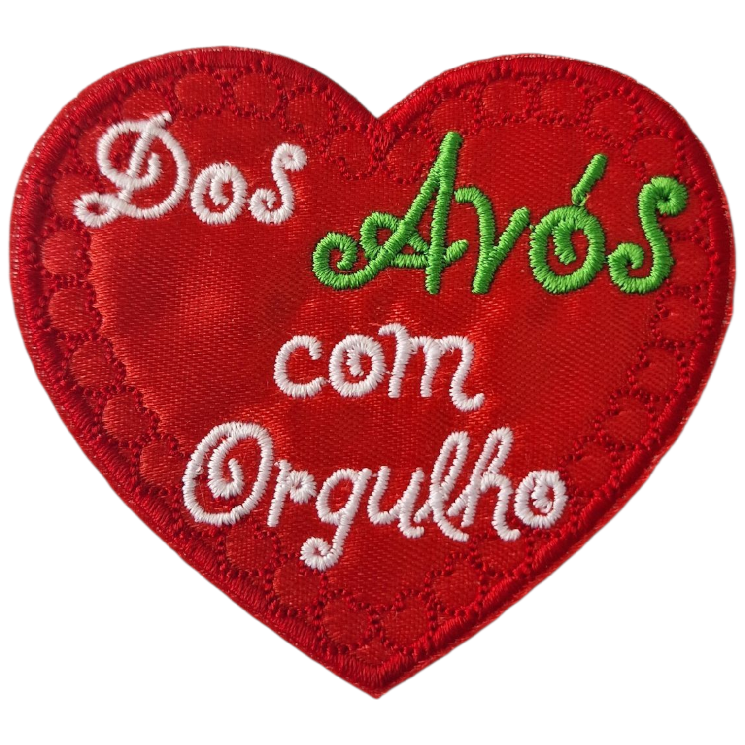 Emblema bordado vermelho em forma de coração com texto colorido