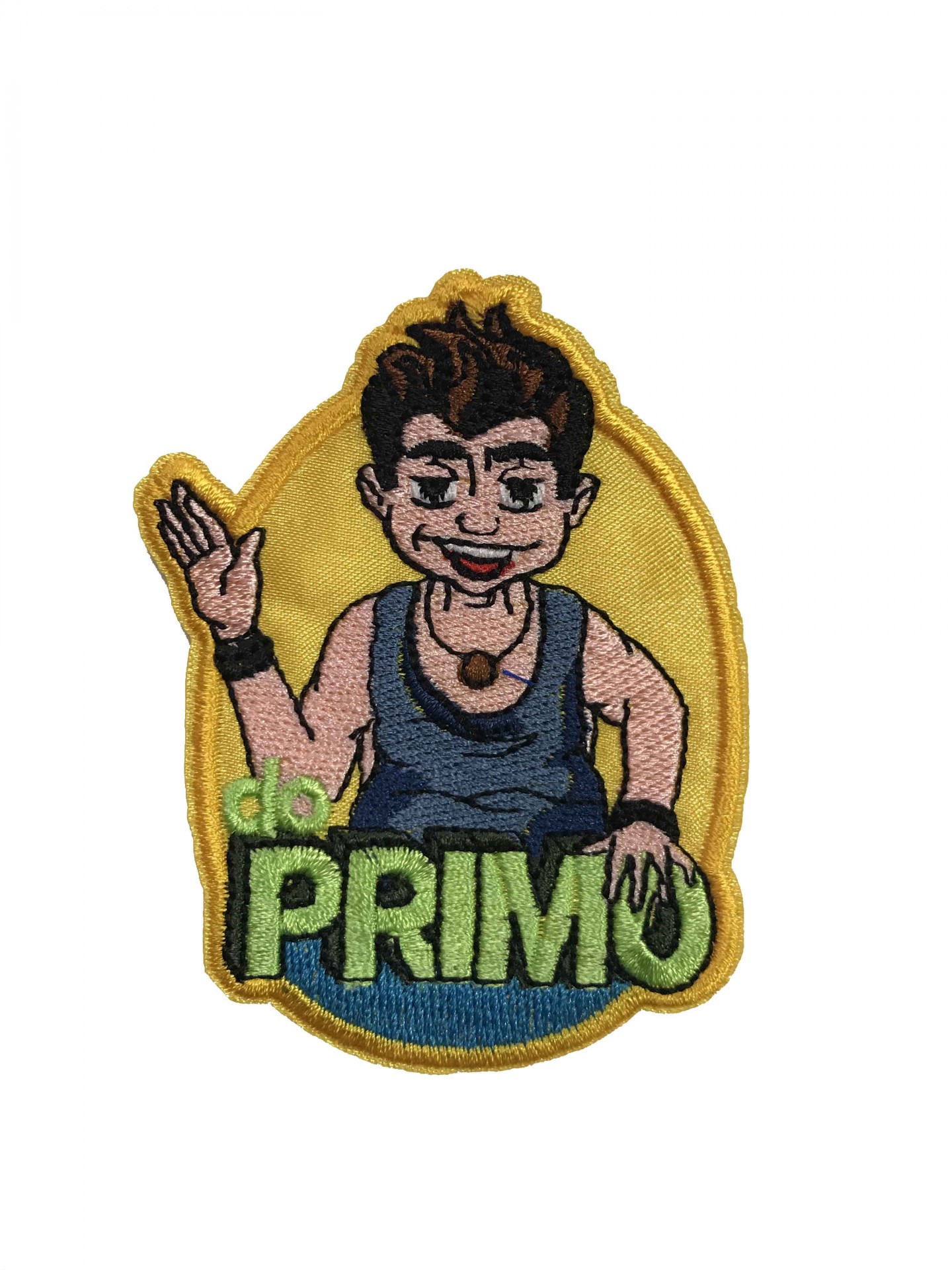 Emblema bordado com personagem e texto 'do PRIMO'