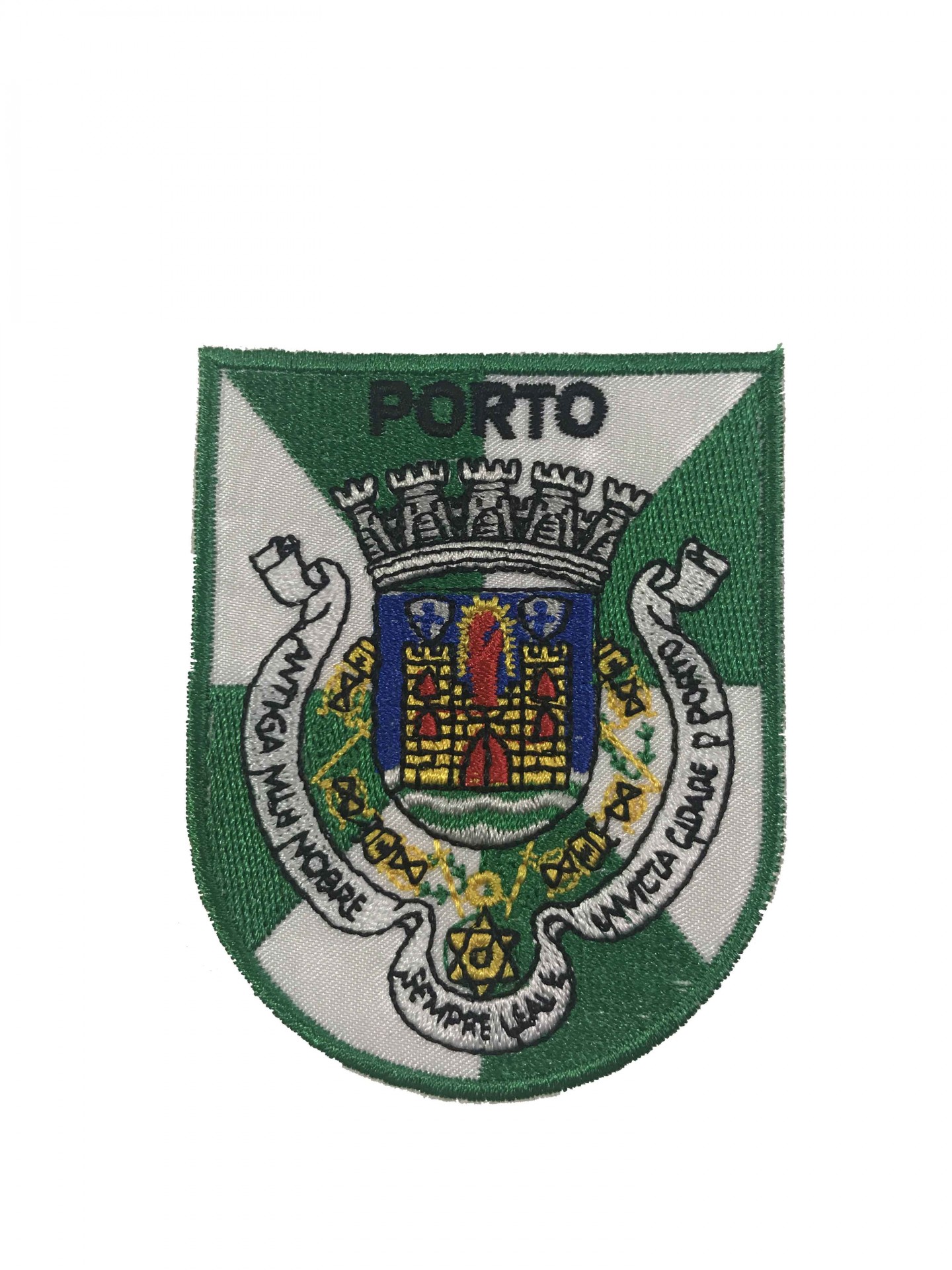 Patch bordado formato escudo com brasão e texto 'PORTO'