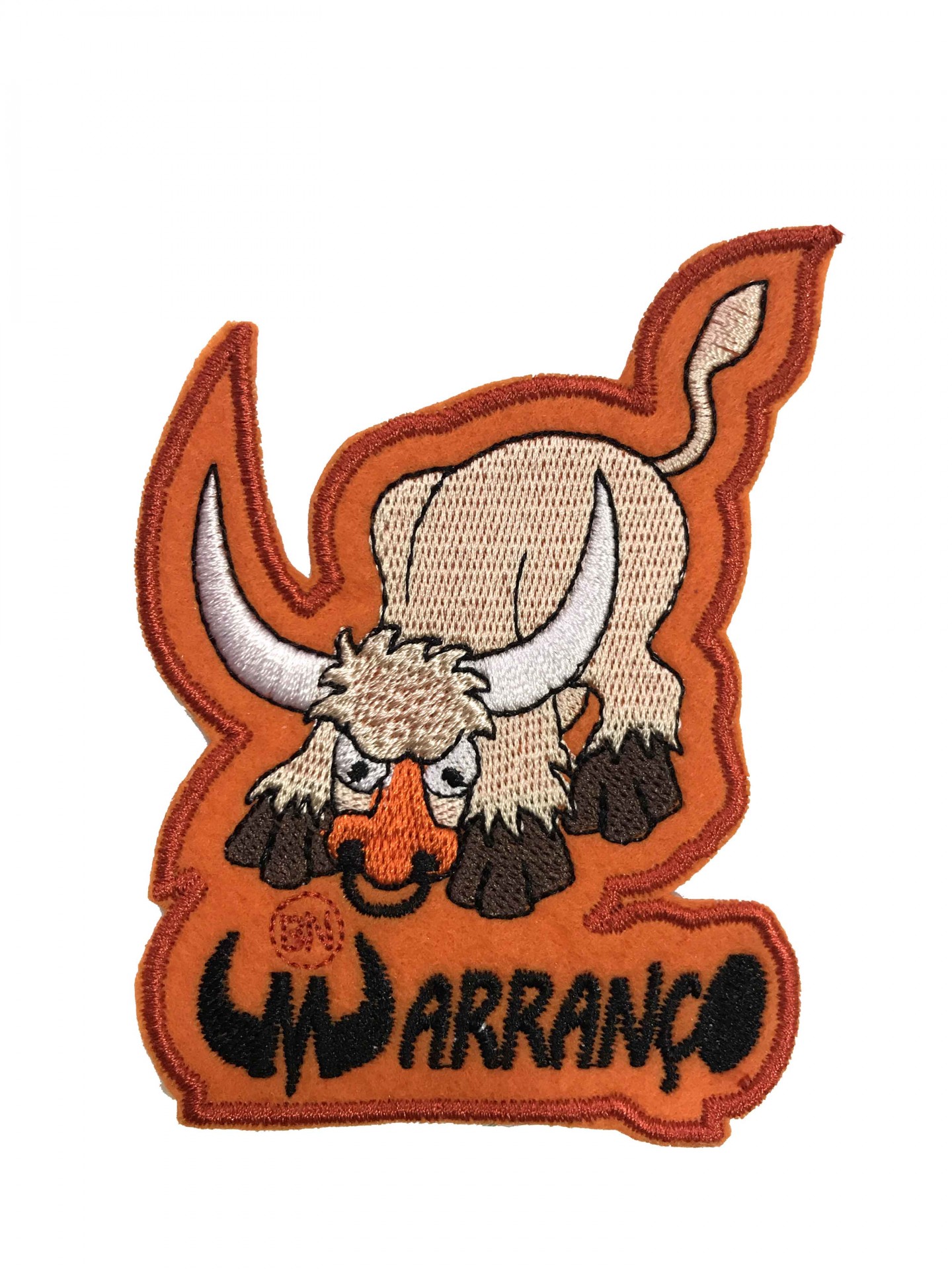 Etiqueta bordada com touro e texto LOS ARRANCOS