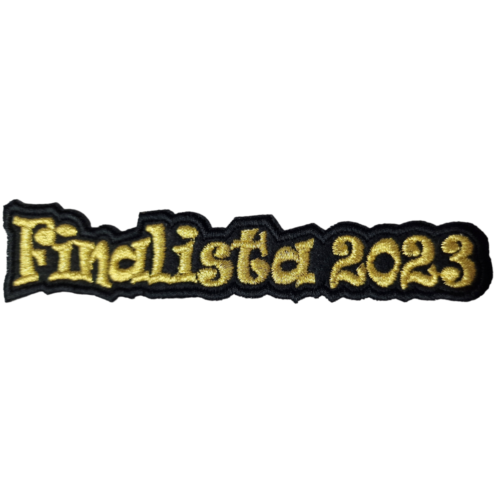 Emblema bordado preto com texto amarelo Finalista 2023