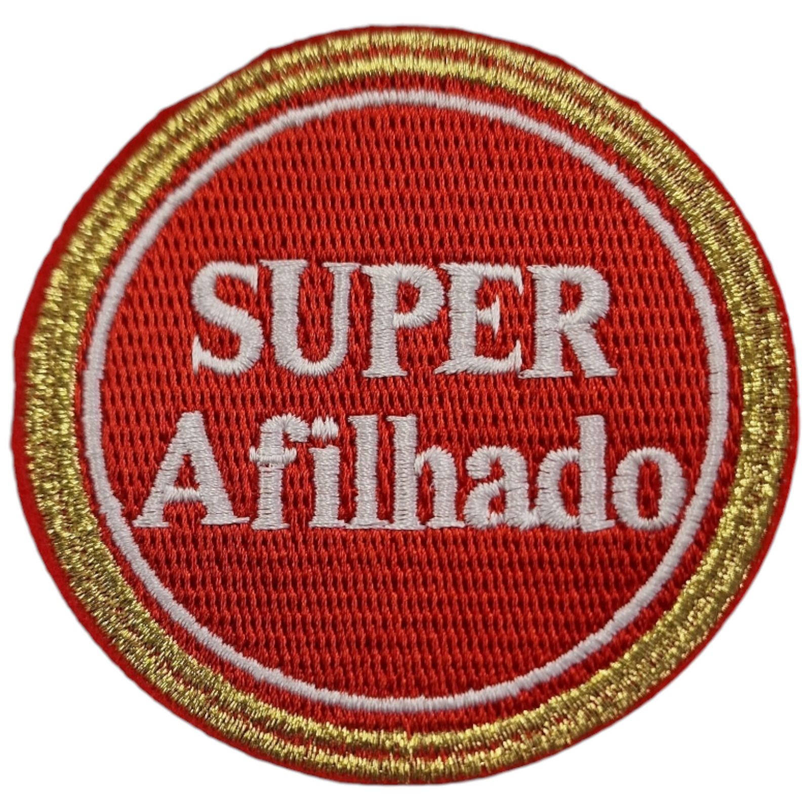 Emblema redondo bordado vermelho com texto branco SUPER Afilhado