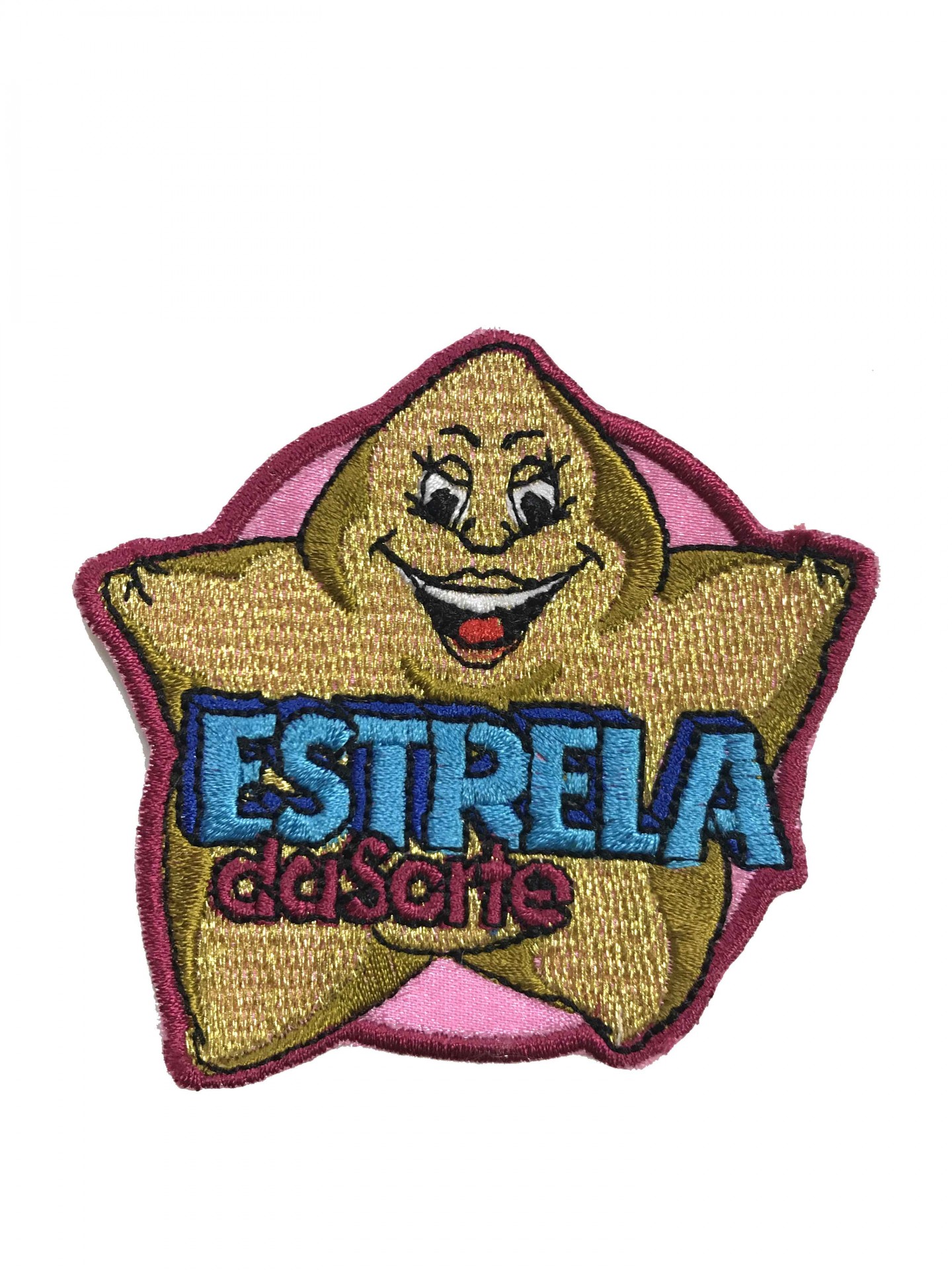 Emblema bordado em forma de estrela sorridente com texto 