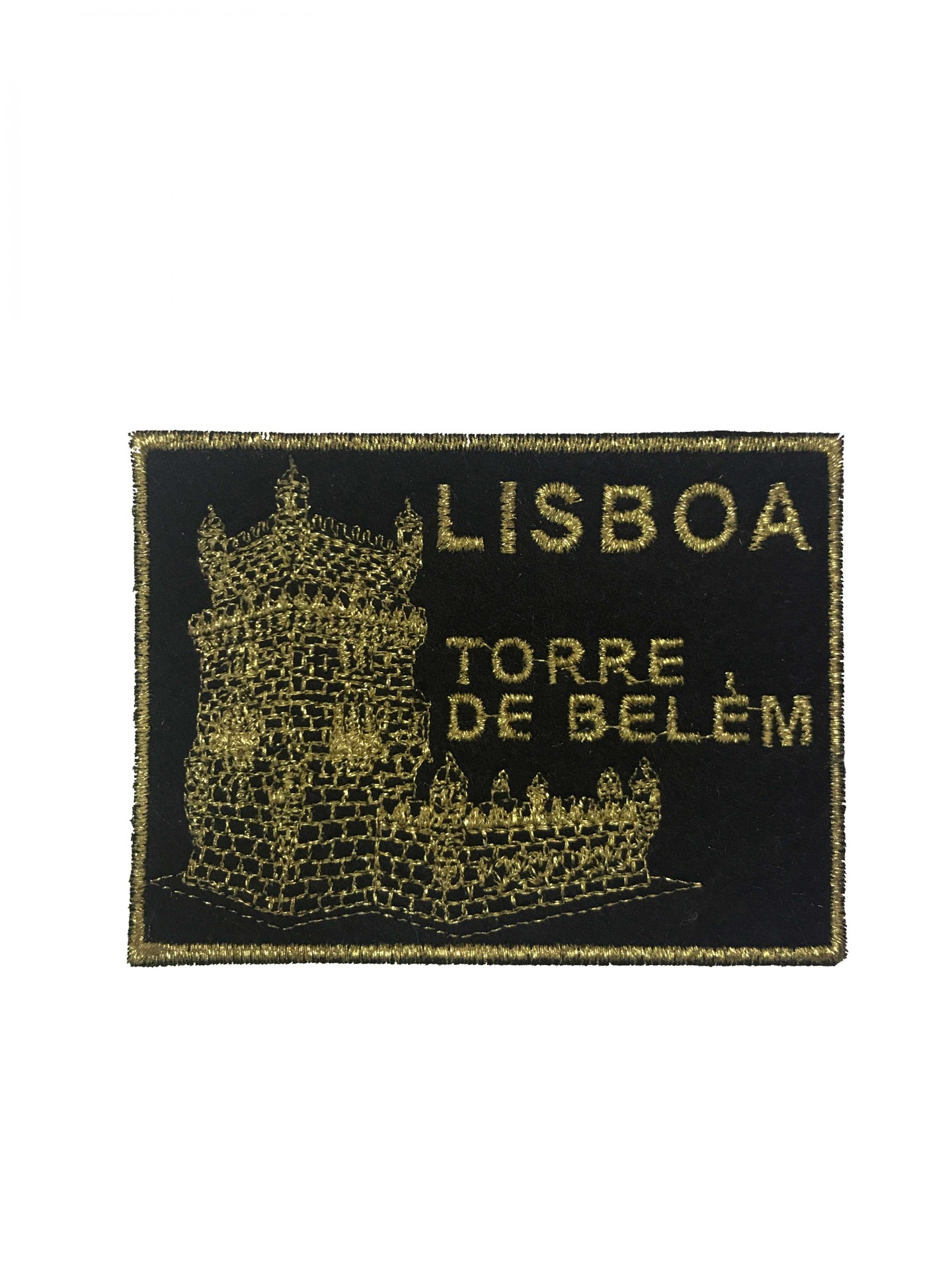 Emblema bordado preto e dourado com a Torre de Belém e texto Lisboa Torre de Belém