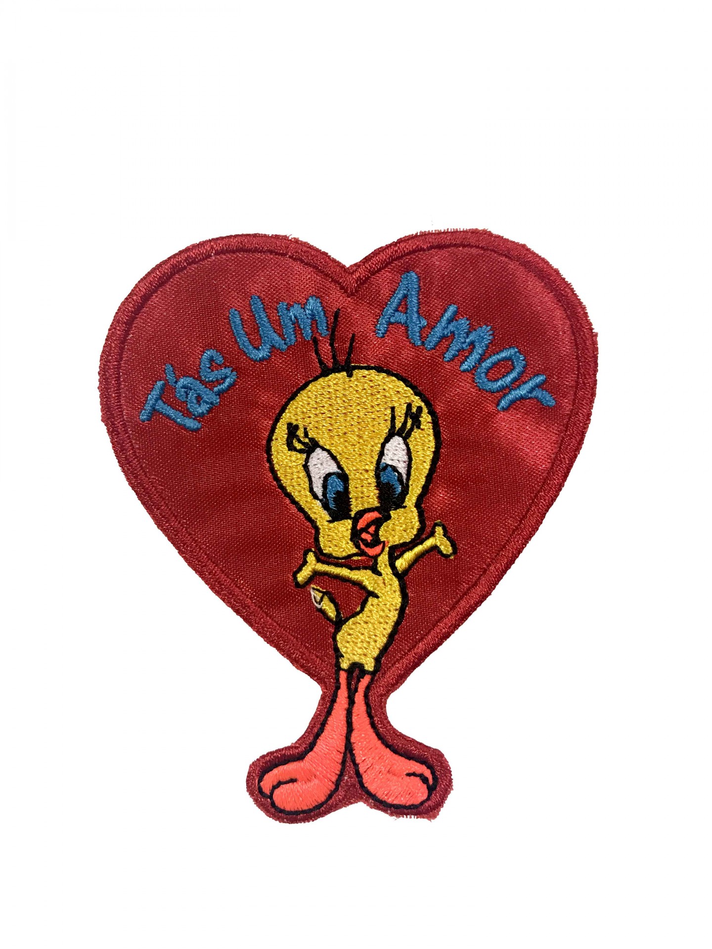 Patch bordado em forma de coração vermelho com Tweety e texto 'Tás Um Amor'