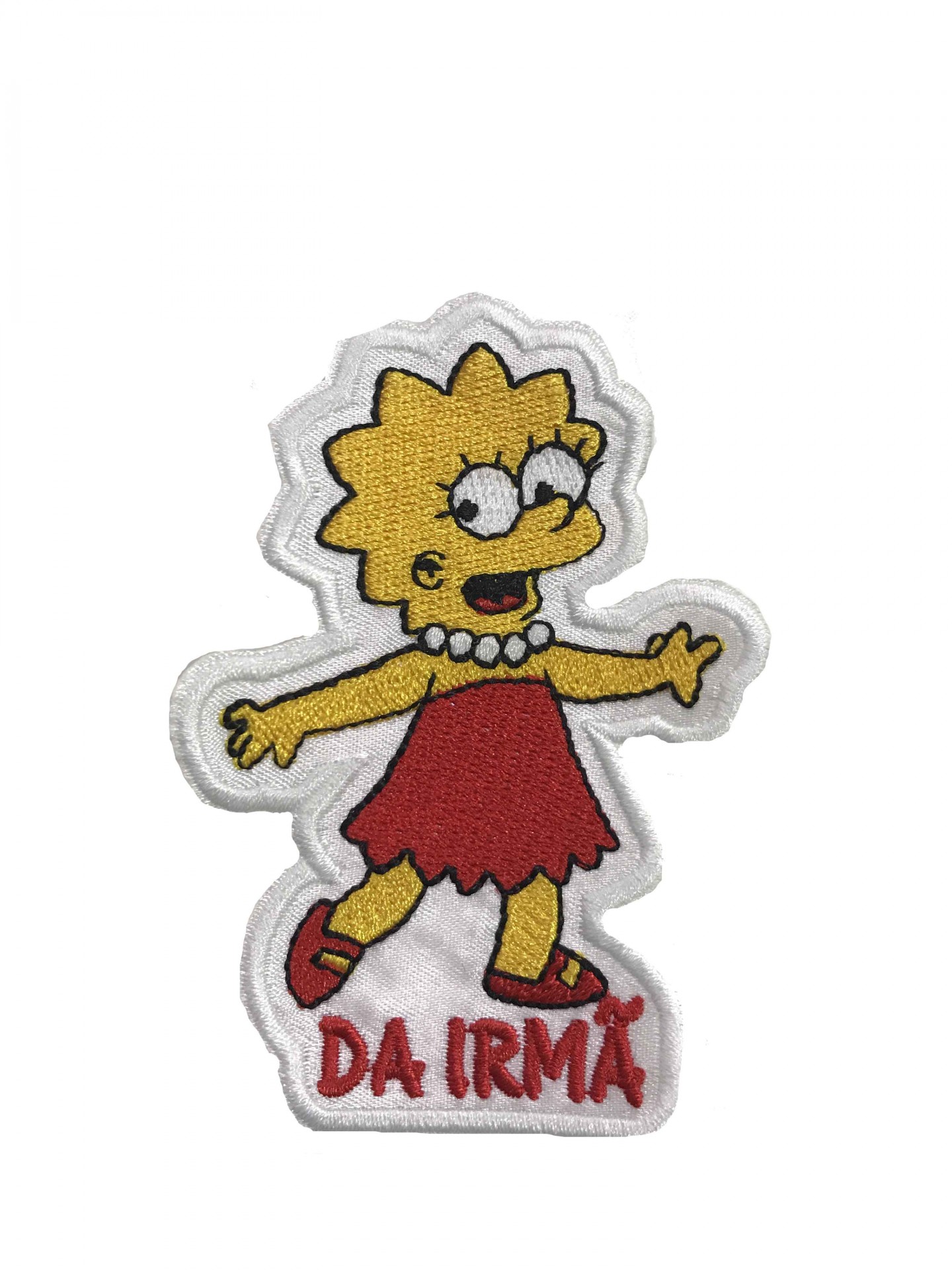 Emblema bordado da personagem Lisa Simpson com texto 'DA IRMÃ'