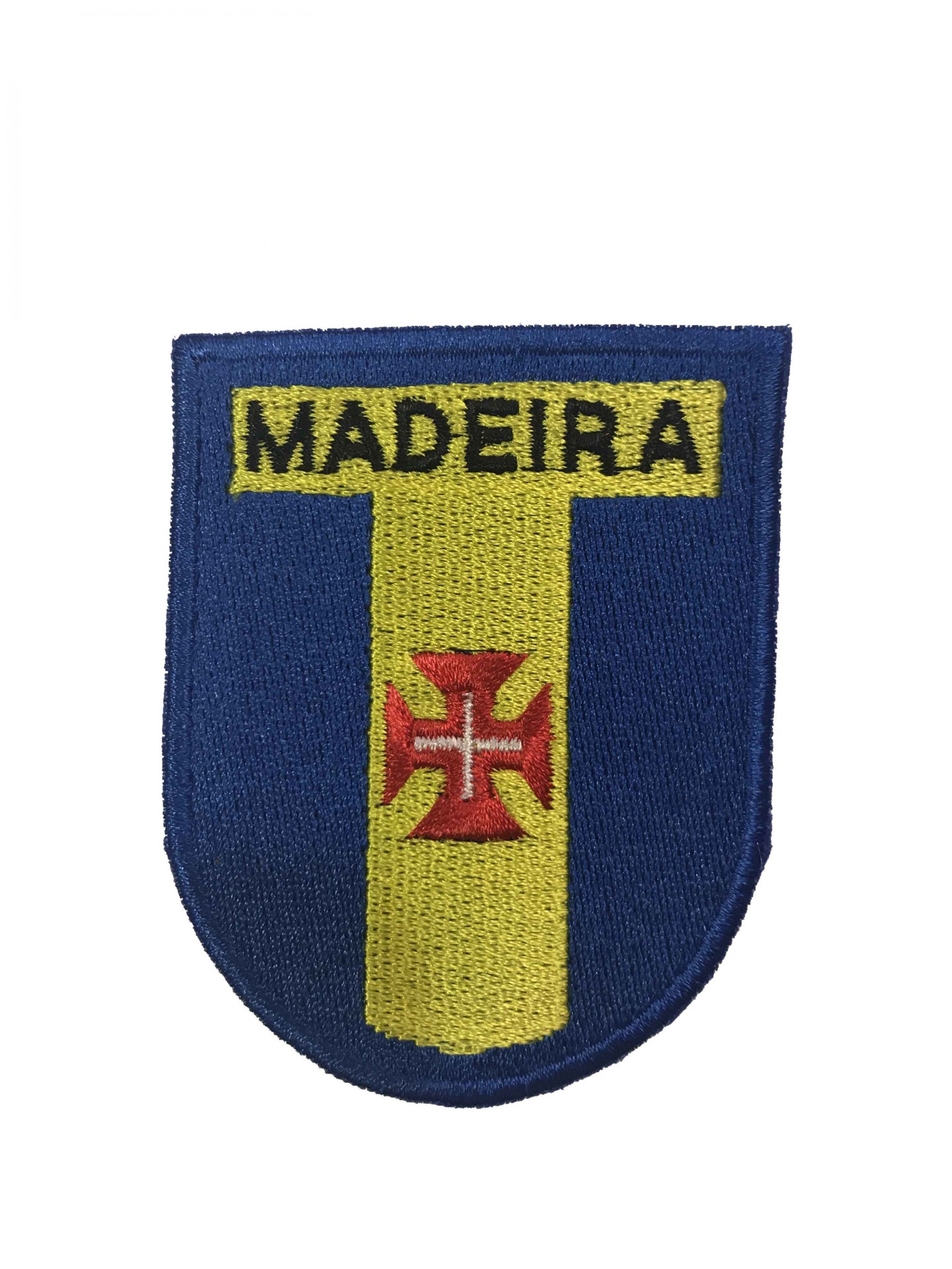 Pach bordado azul com barra amarela e texto MADEIRA