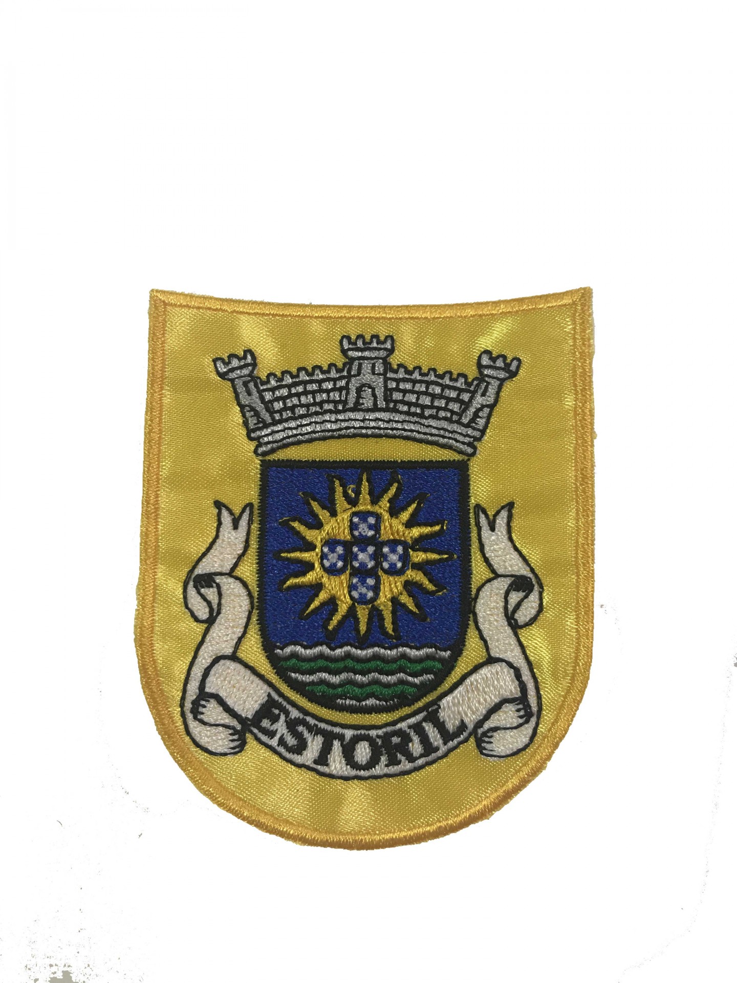 Emblema bordado amarelo com escudo azul e texto ESTORIL