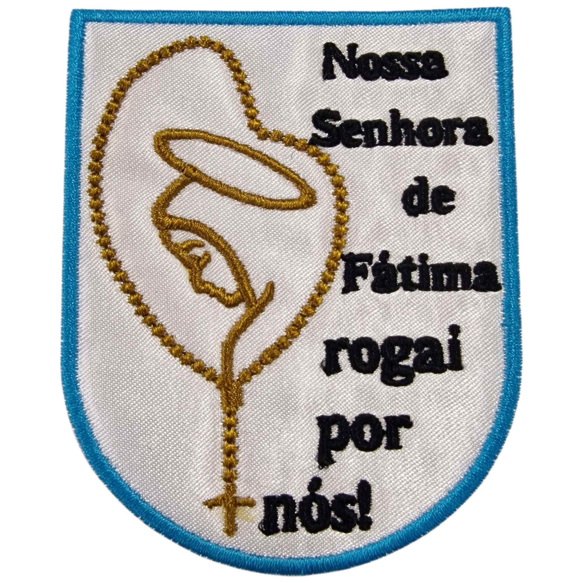 Emblema bordado branco com perfil dourado de Nossa Senhora e texto em negro