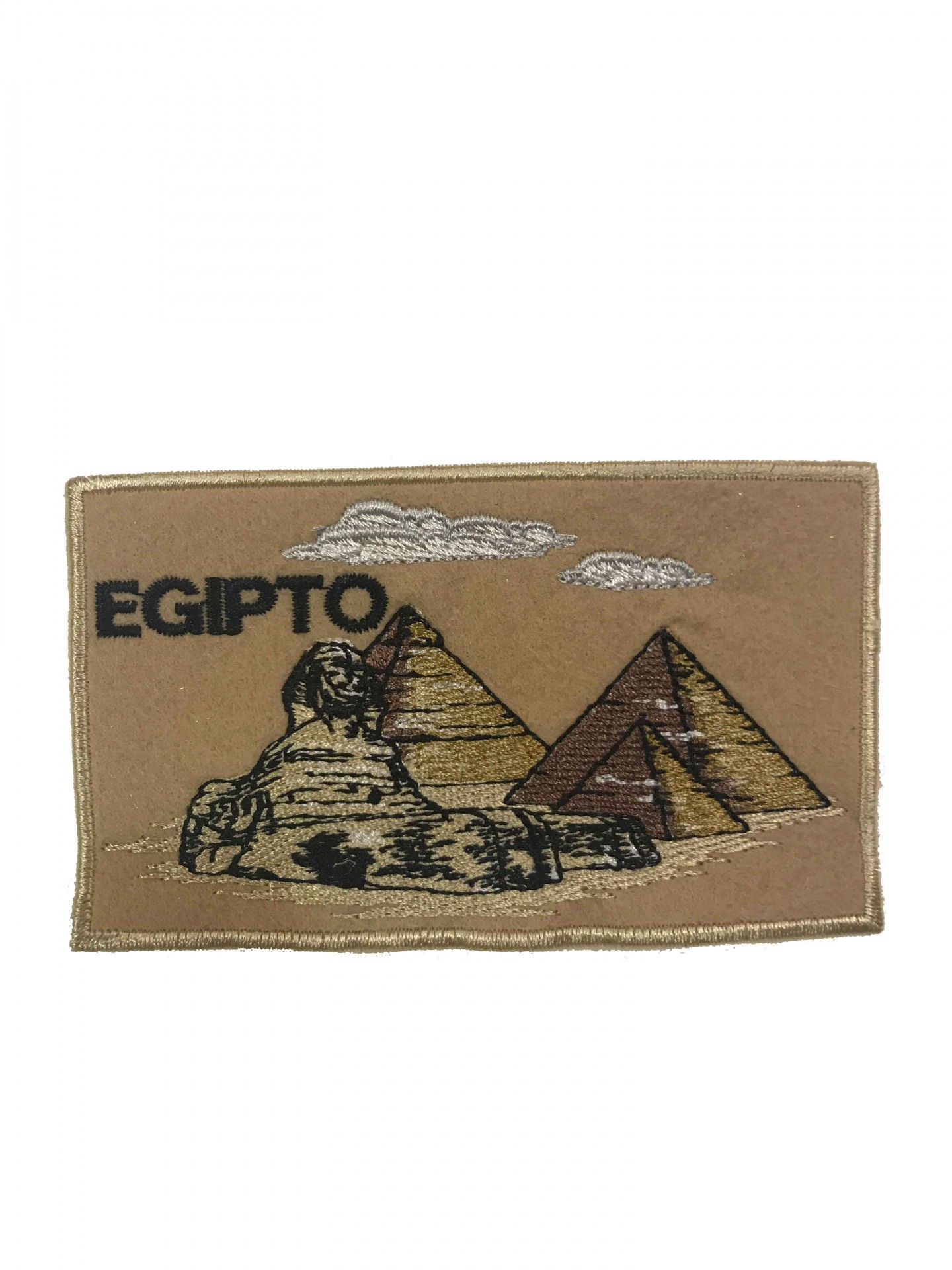 Emblema bordado com Esfinge, pirâmides e texto EGIPTO