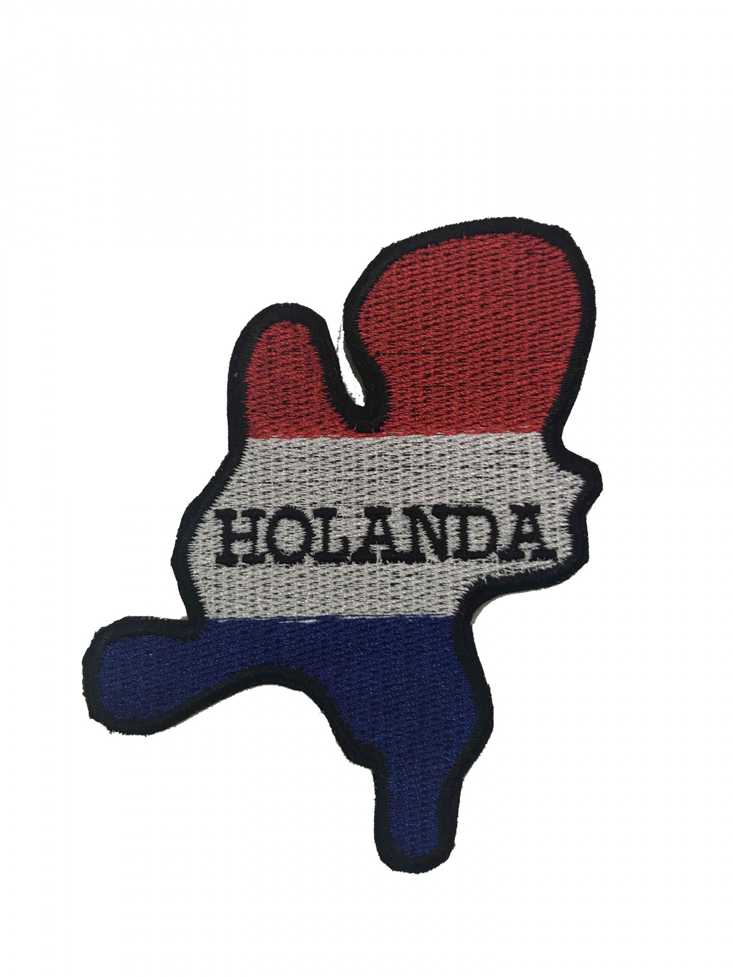 Patch bordado do mapa da Holanda com as cores da bandeira e texto Holanda