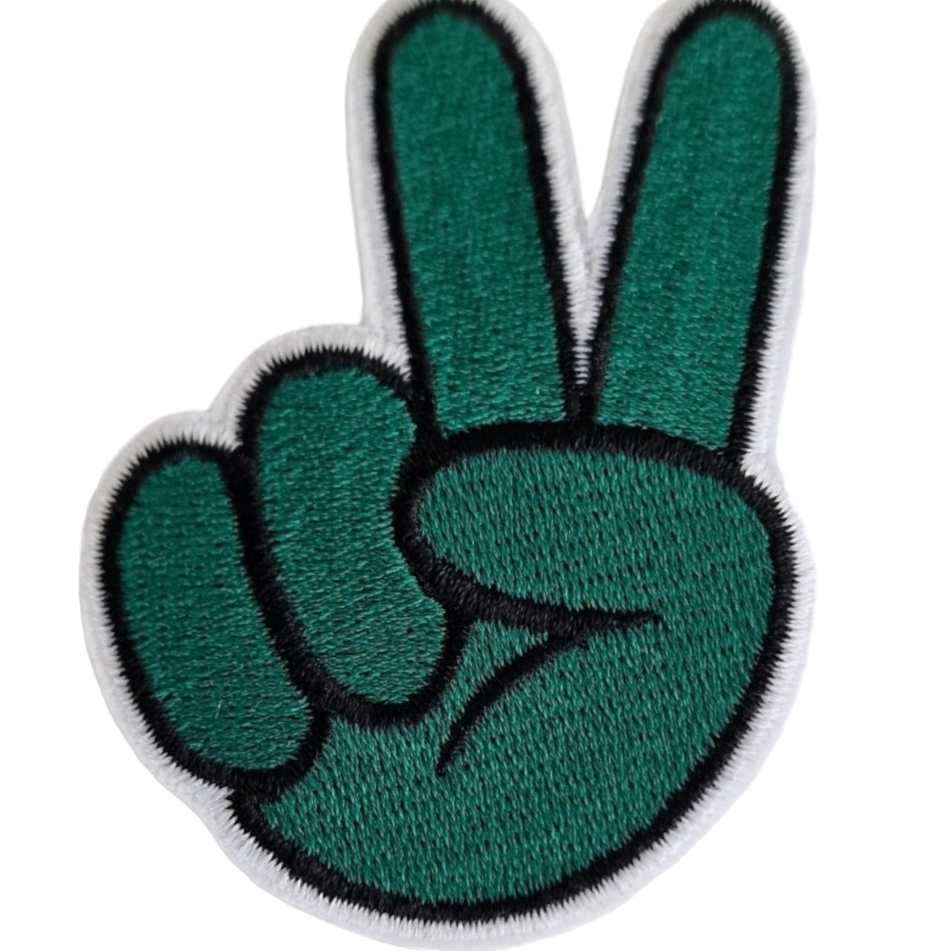 Patch bordado verde em forma de mão a fazer o sinal de paz
