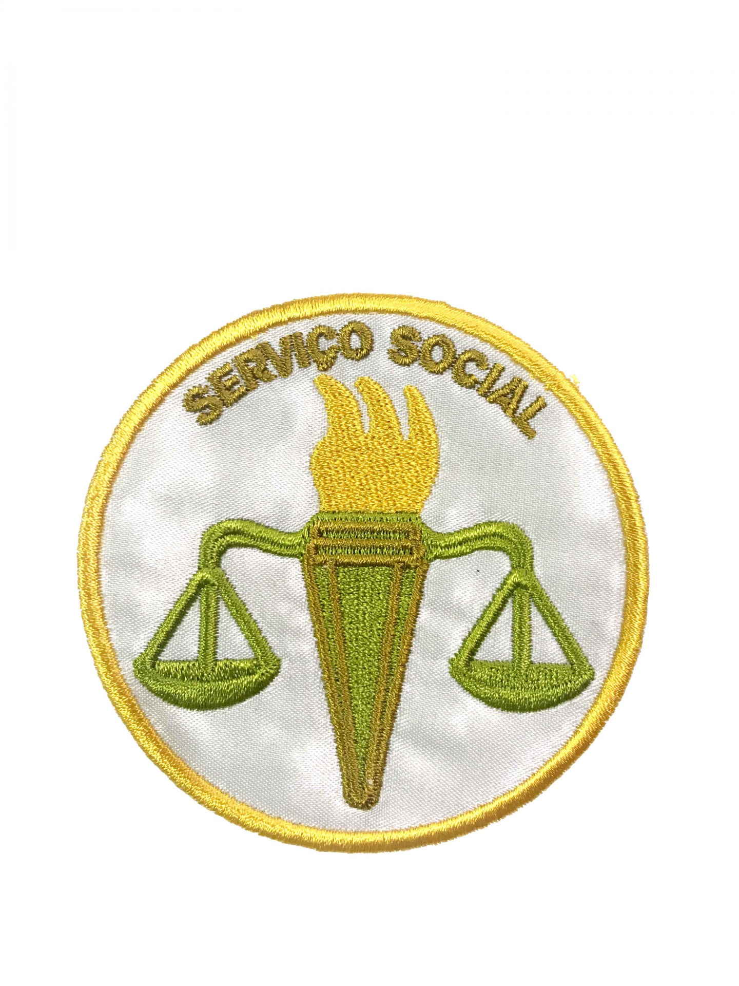 Emblema bordado Serviço Social com balanças e tocha