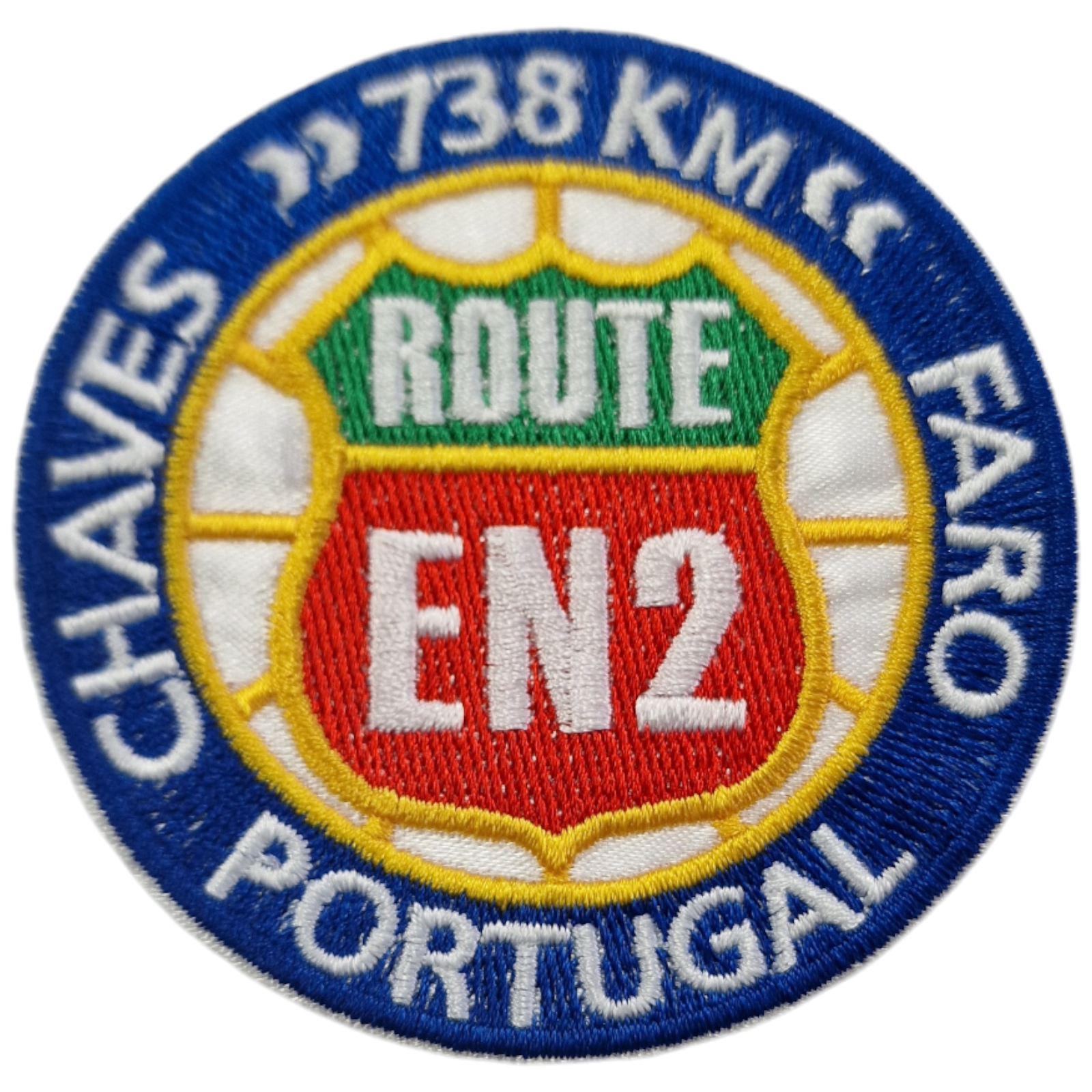 Emblema bordado com texto e cores azul, verde, vermelho, amarelo e branco