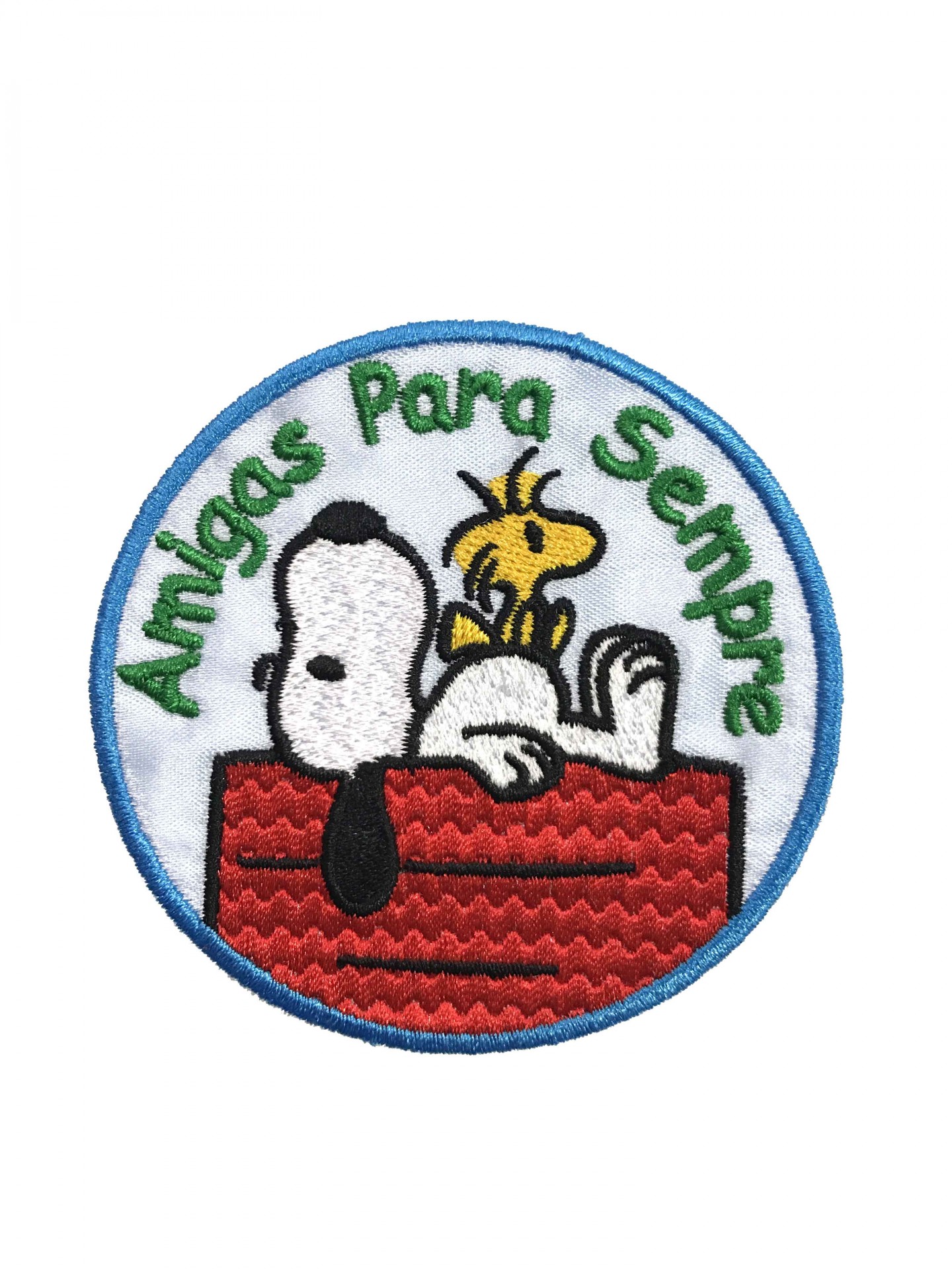 Emblema bordado redondo com Snoopy, Woodstock e texto Amigas Para Sempre