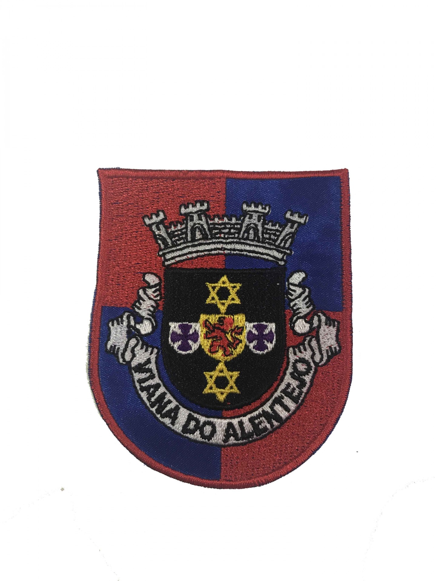Emblema bordado de Viana do Alentejo com escudo e estrelas amarelas
