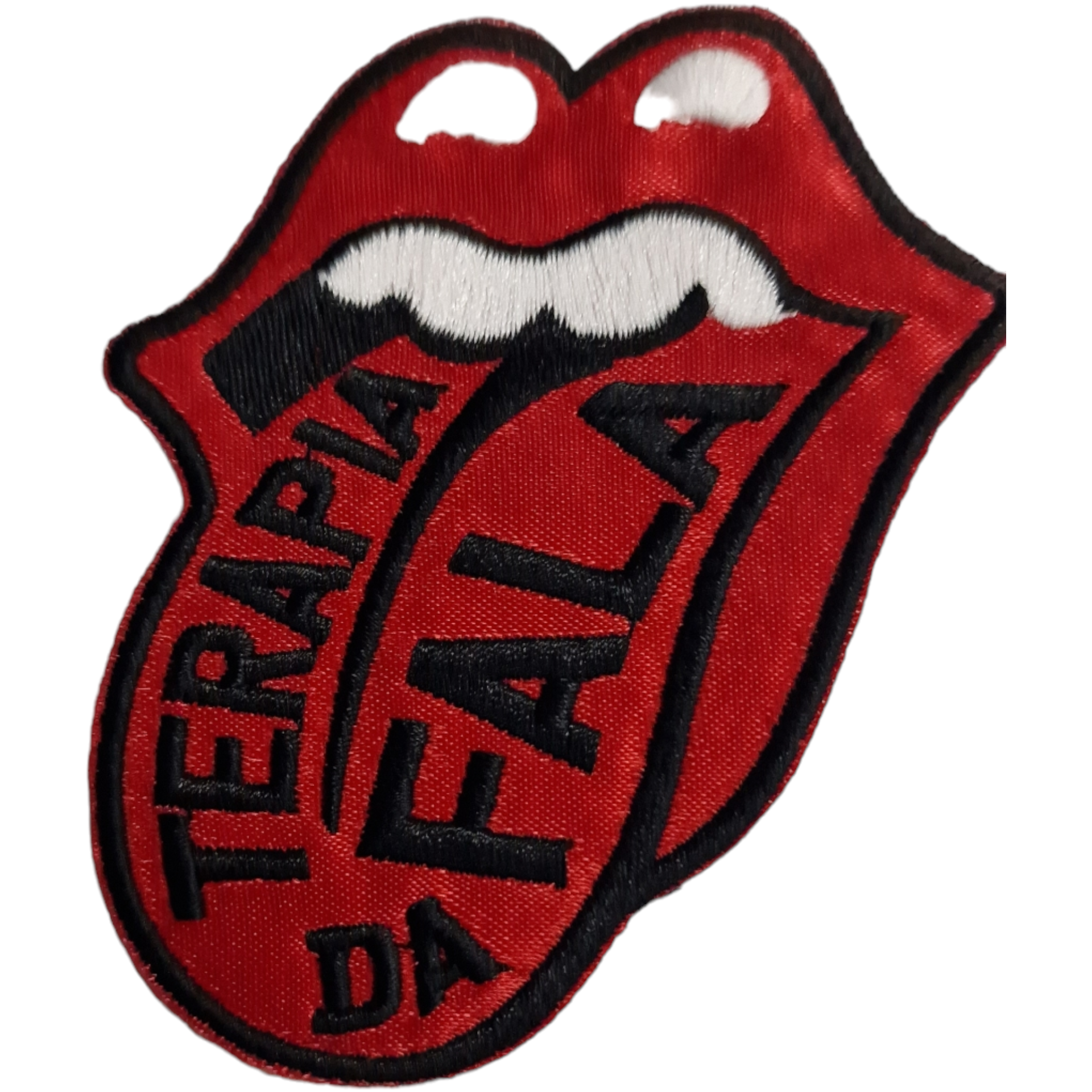 Emblema bordado com boca e língua vermelha com texto TERAPIA DA FALA