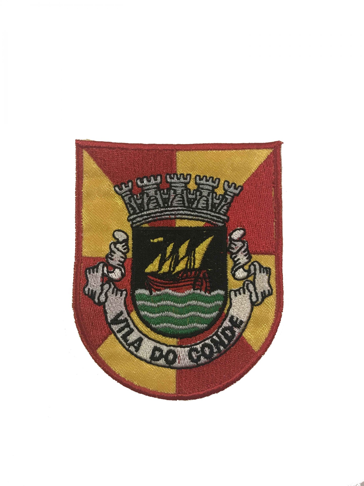 Emblema bordado colorido com texto 'VILA DO CONDE'