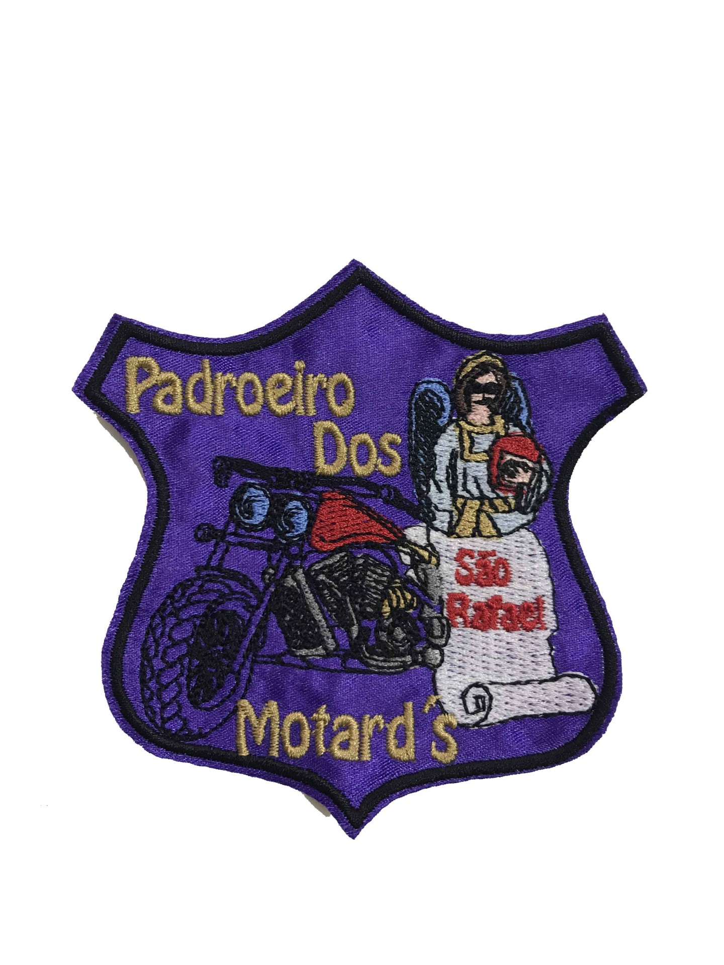 Emblema bordado roxo com motociclo, anjo e texto Padroeiro Dos Motard's São Rafael