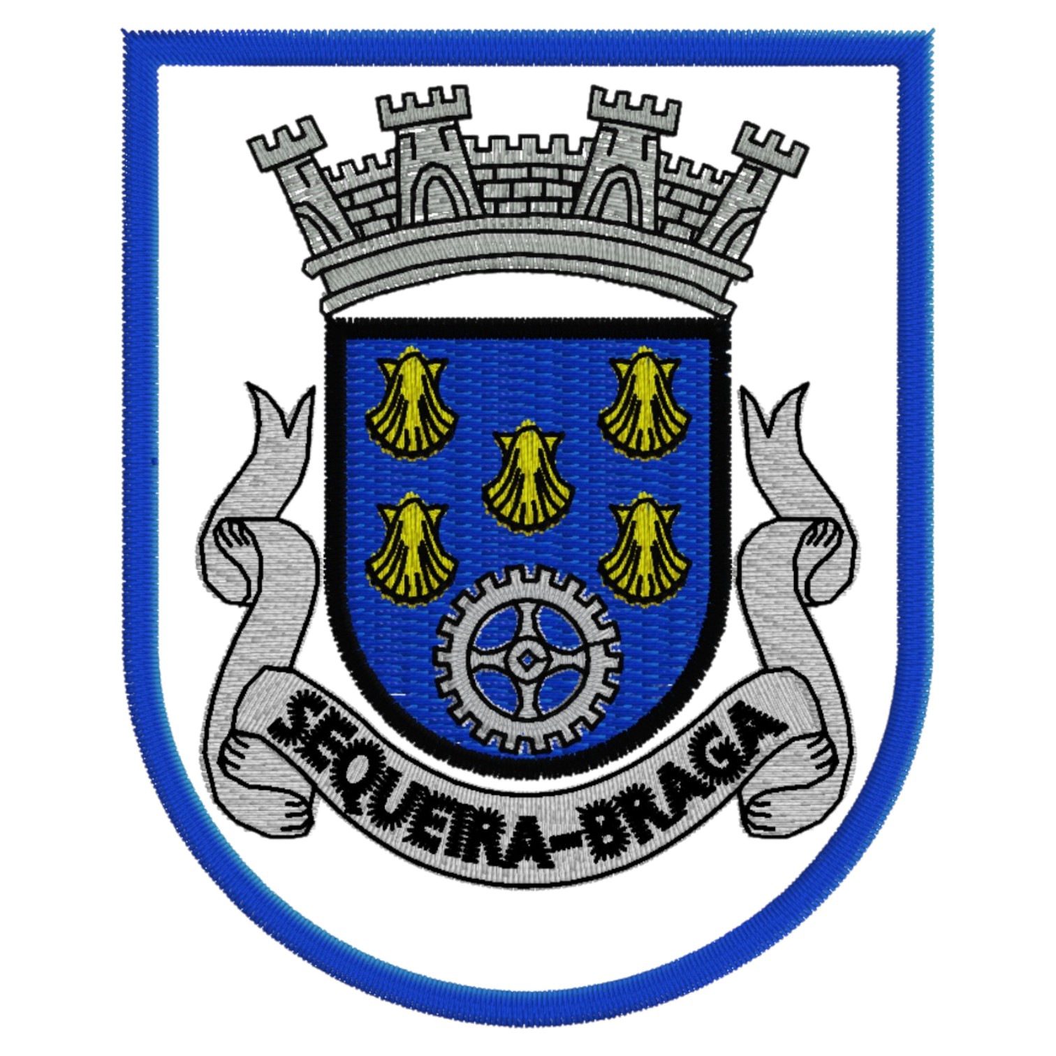 Emblema bordado com escudo azul e conchas amarelas