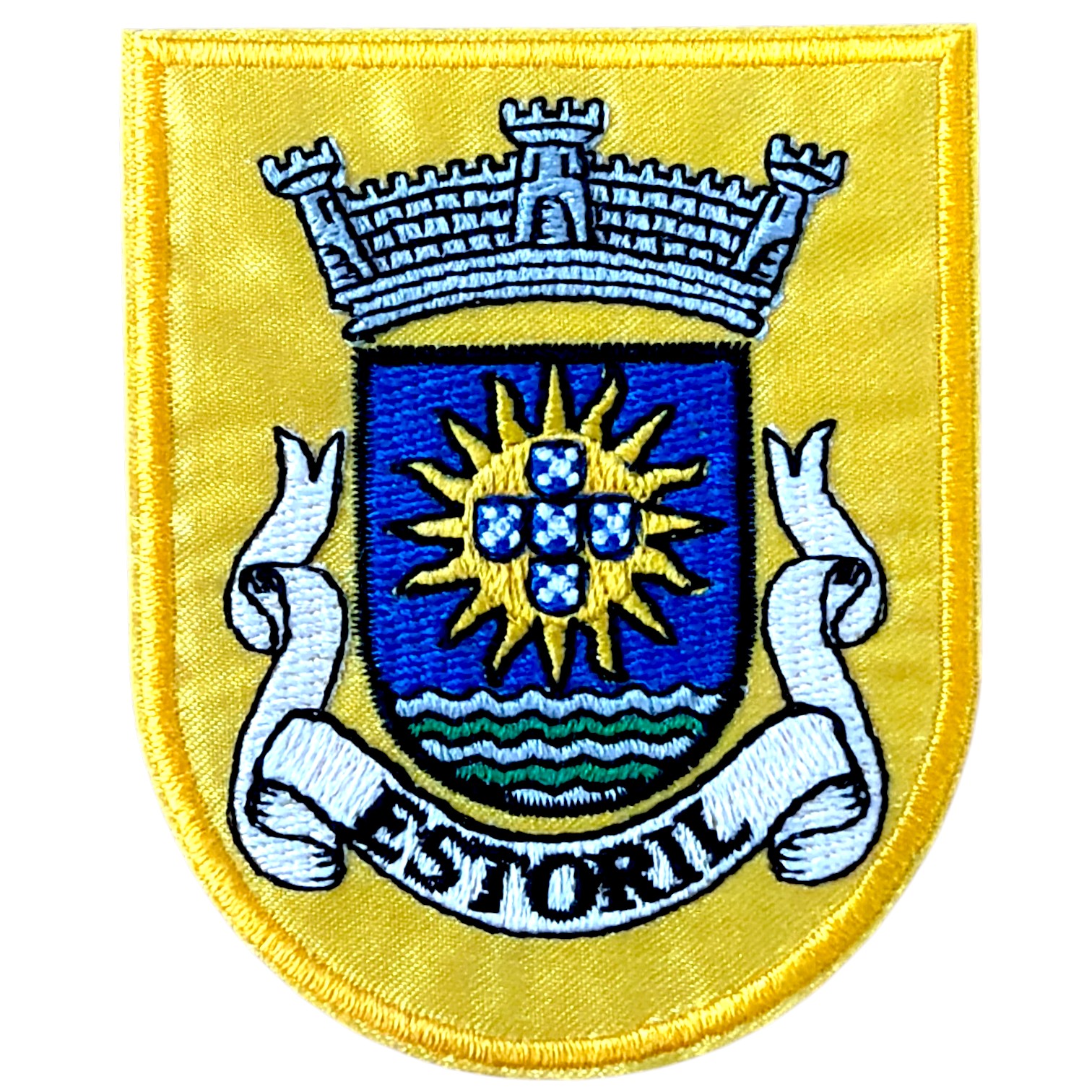 Emblema bordado amarelo com brasão azul e texto SESTORIL.