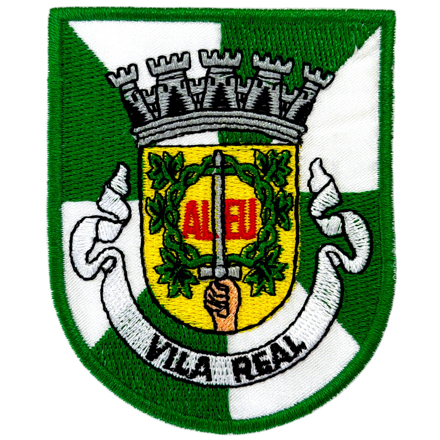 Emblema bordado com escudo verde e branco e brasão amarelo com espada
