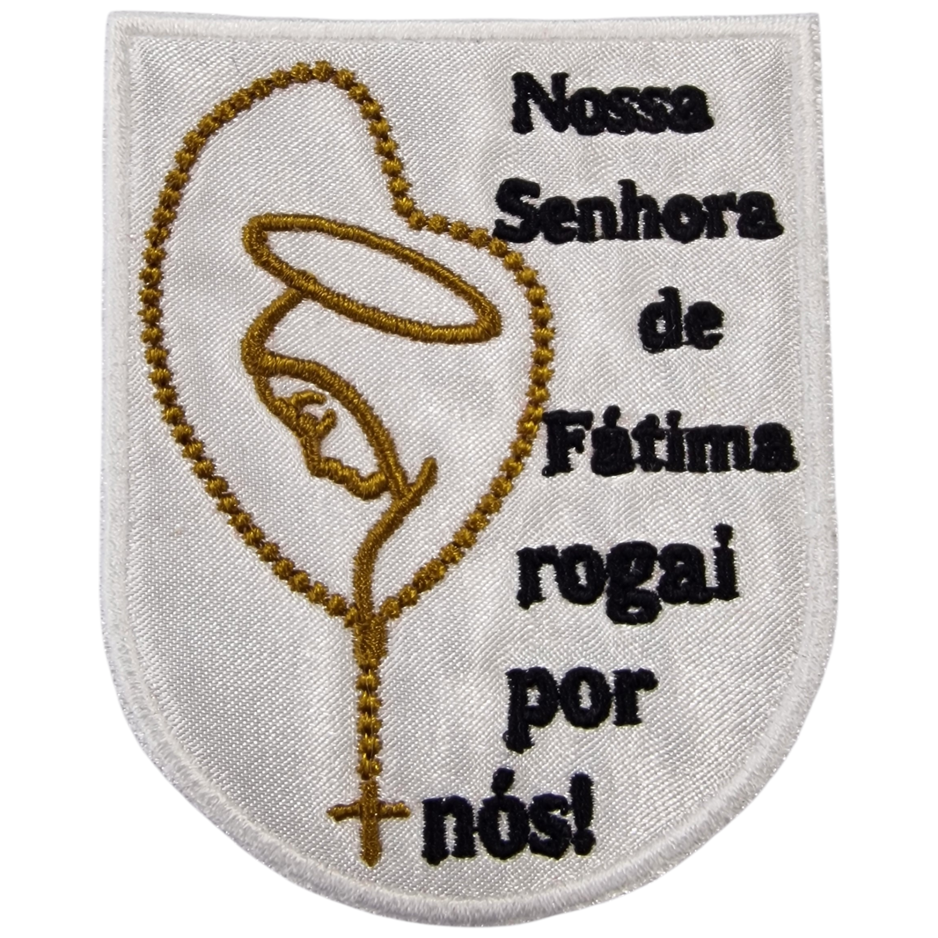 Pilha bordada branca com Nossa Senhora de Fátima e texto em preto